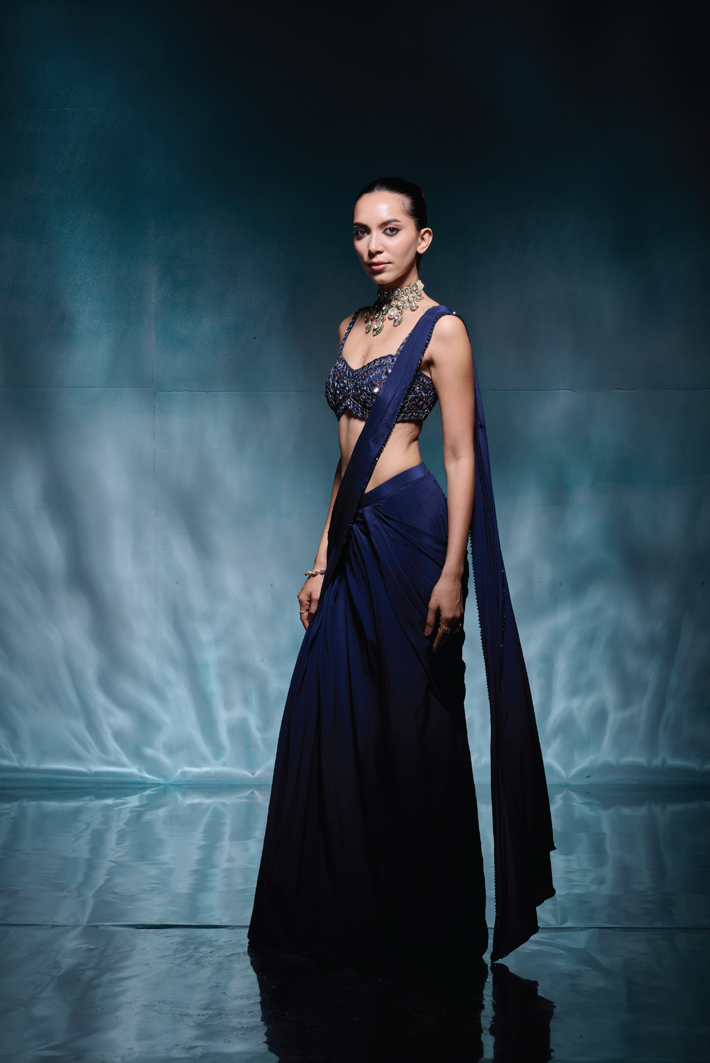 Pre Draped Royal Blue Sari Set