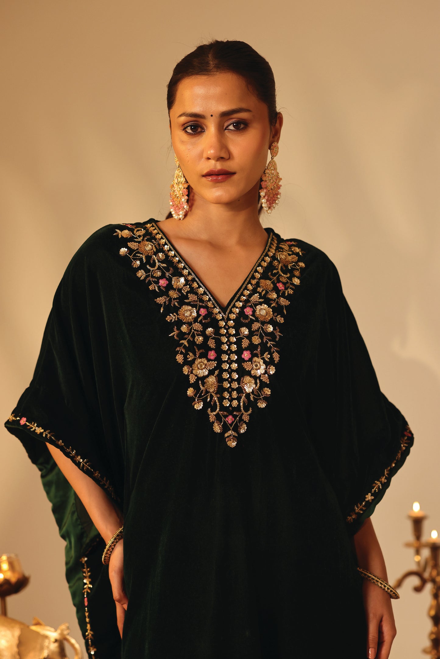 Bottle Green Velvet Embroidered Kaftan