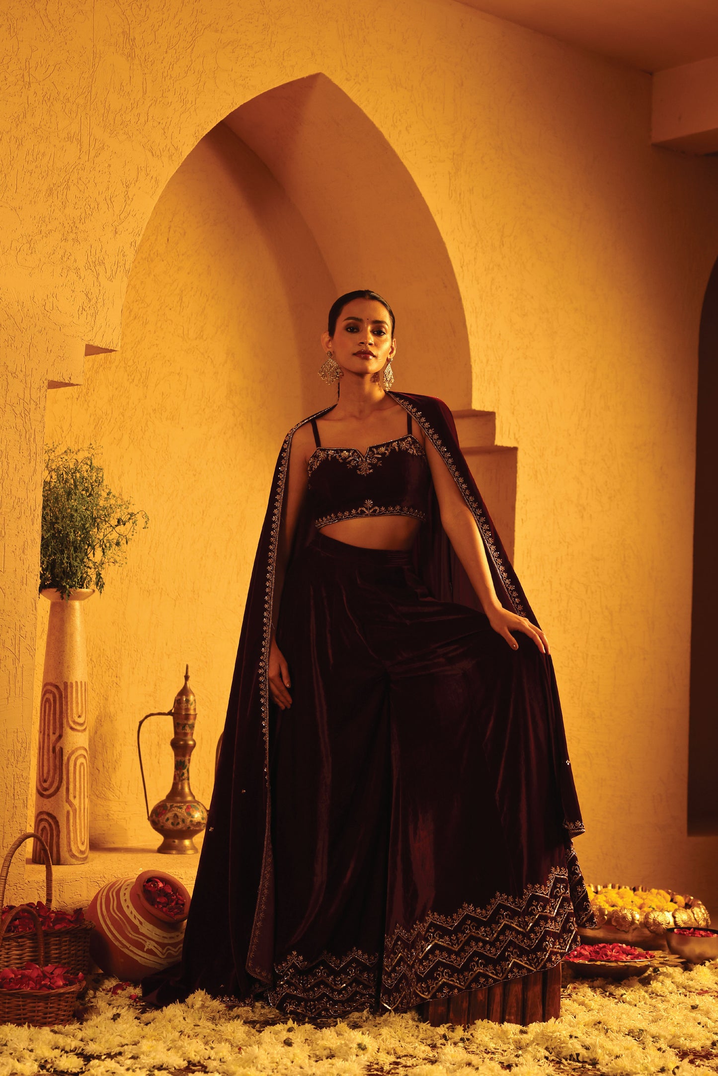 Wine Velvet Embroidered Flared Sharara