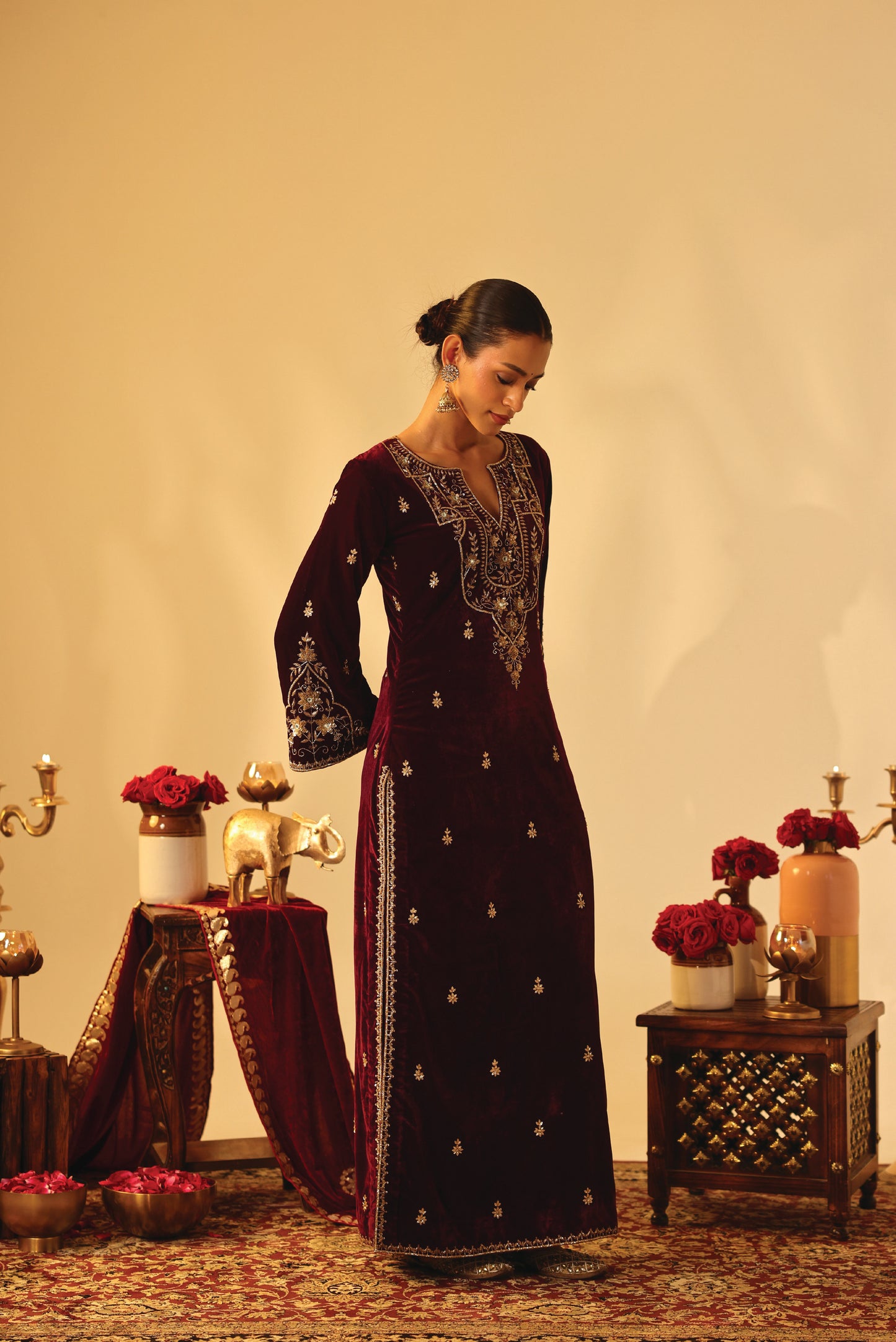 Wine Velvet Embroidered Kaftan