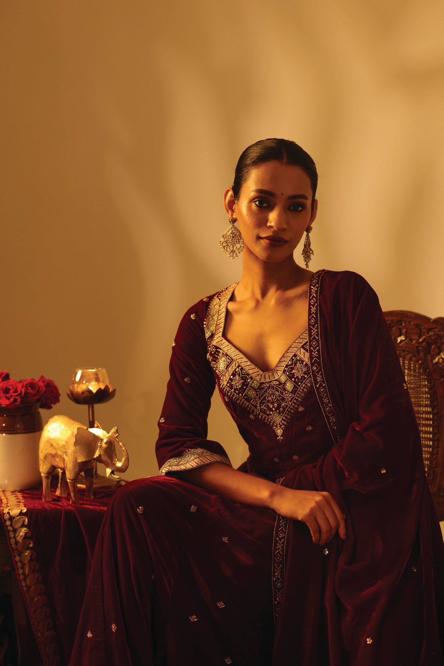 Maroon Velvet Embroidered Anarkali