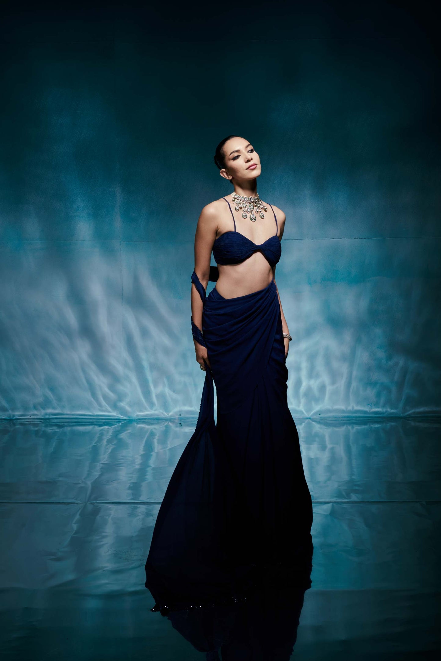 Royal Blue Pleated Chiffon Sari Set