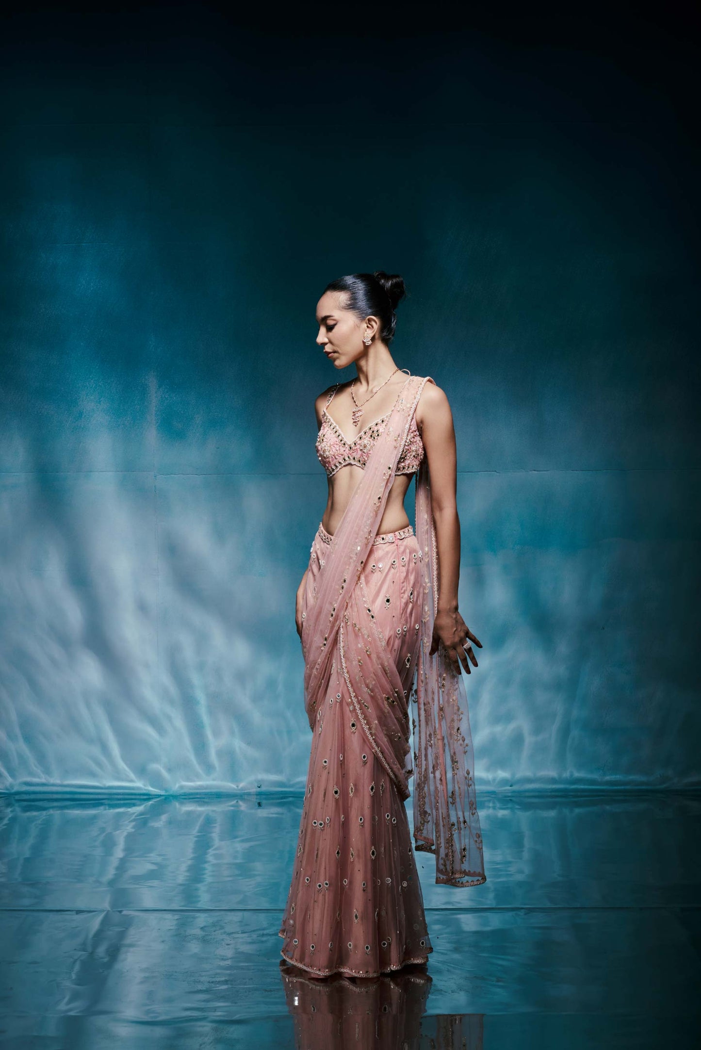 Peach Tulle Embellished Sari Set