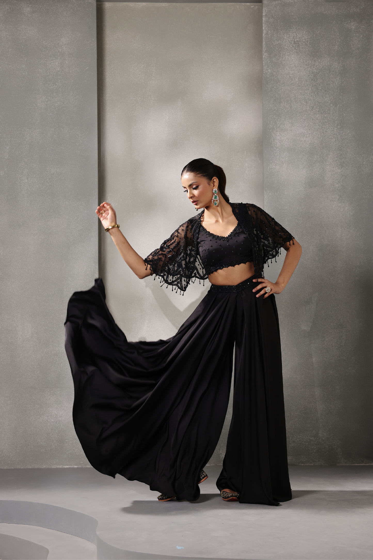 Black Embroidered Cape Sharara Set