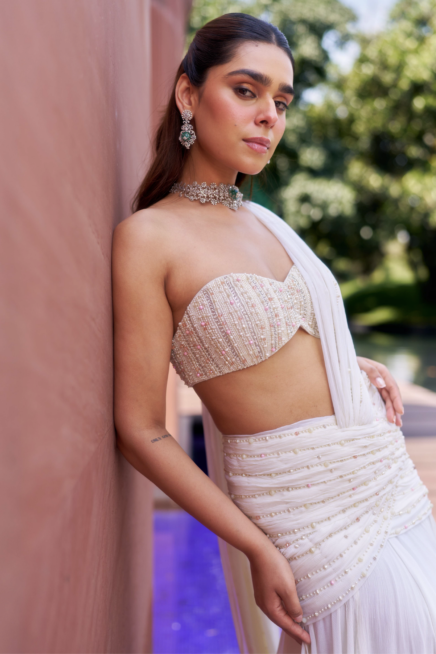 Ivory Chiffon Drape Skirt Set with Pearl Embroidery