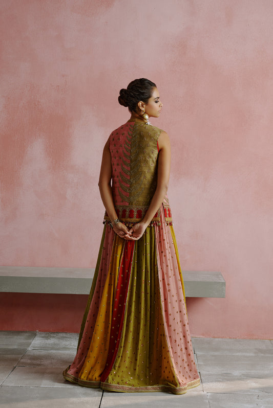 Multicolor Bandhani Lehanga Jacket Dori Embroidered Set
