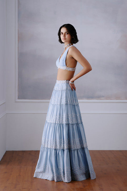 Light Blue Tier Floral Lehenga Set