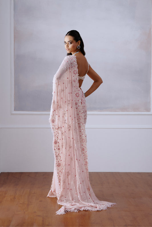 Blush Pink Floral Georgette Sari