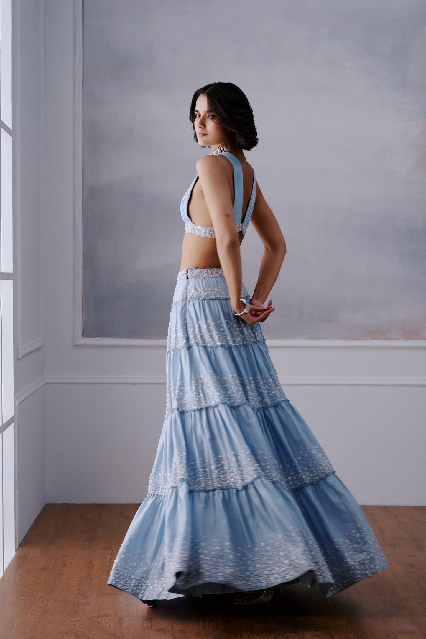 Light Blue Tier Floral Lehenga Set