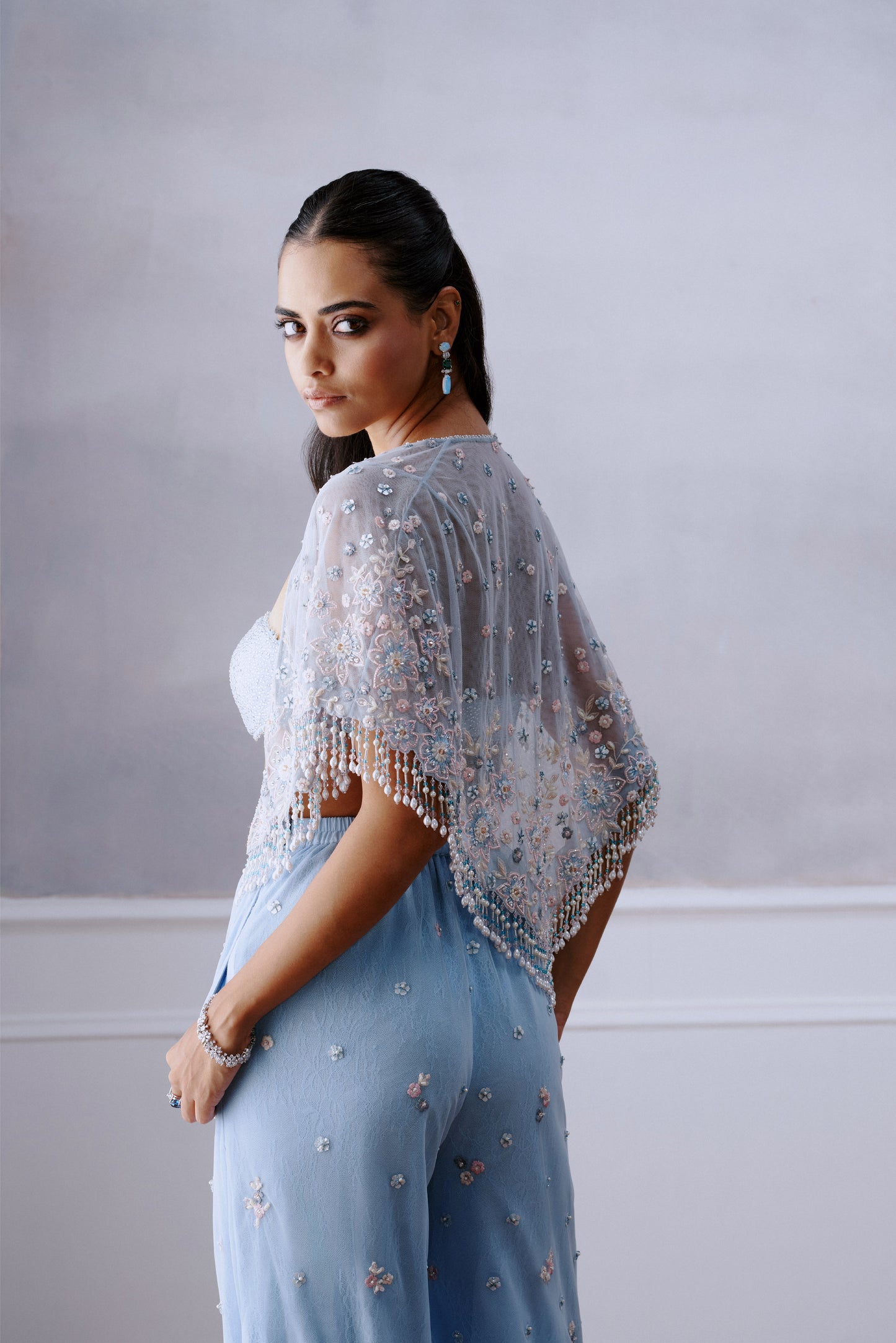 Light Blue Floral Cape Pants Set