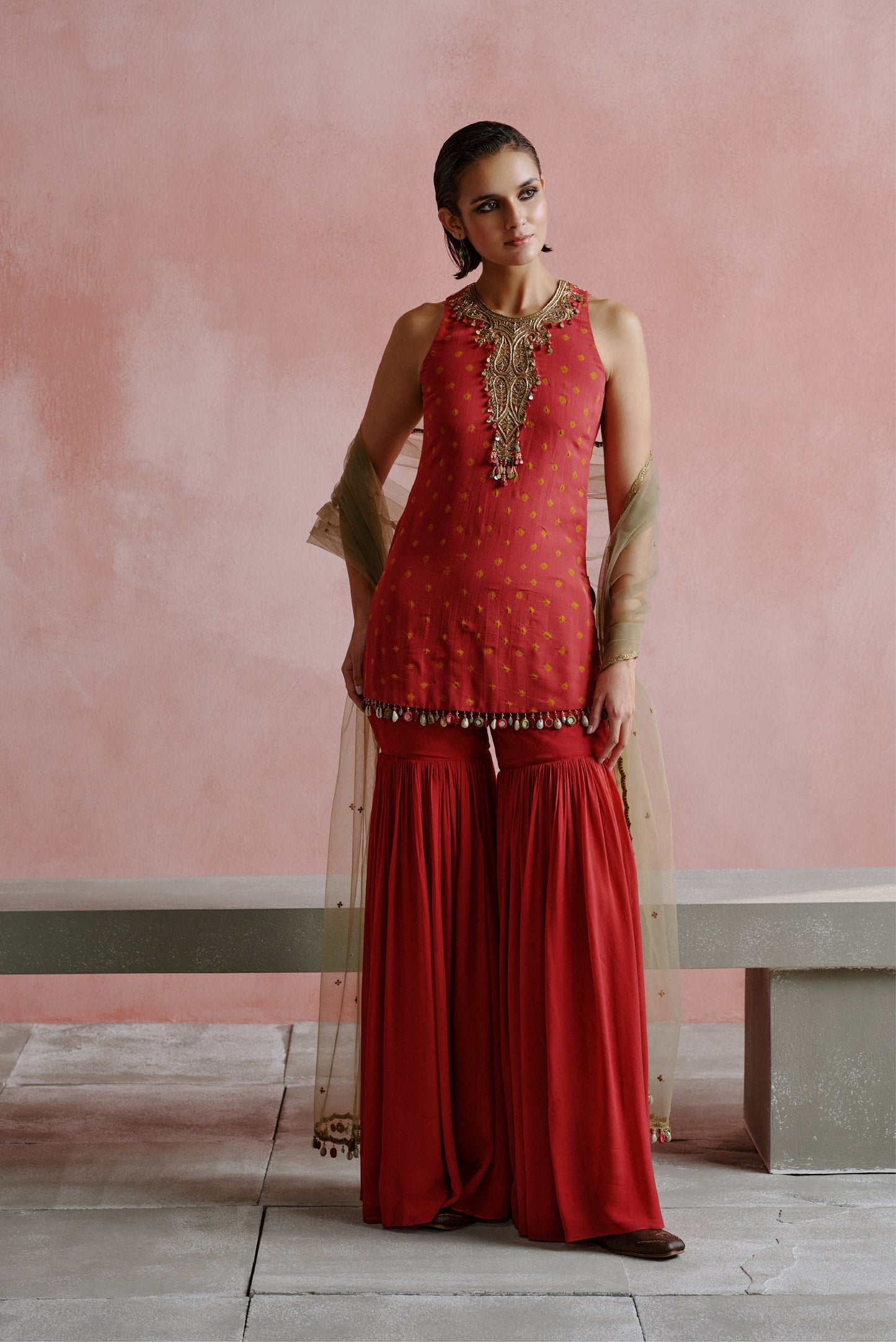 Deep Pink Bandhani Short Kurta Ghagra Set