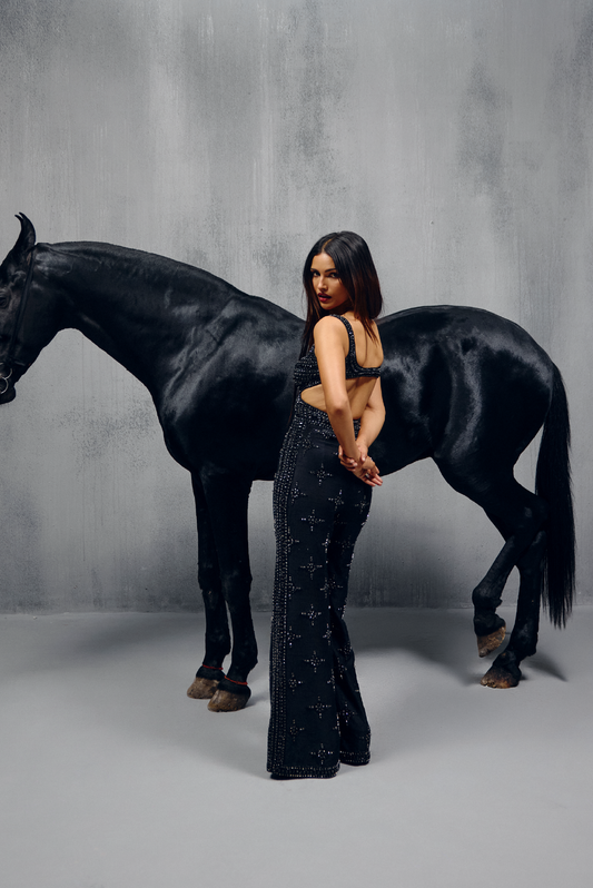 Black Stone Embellished Jumpsuit Set