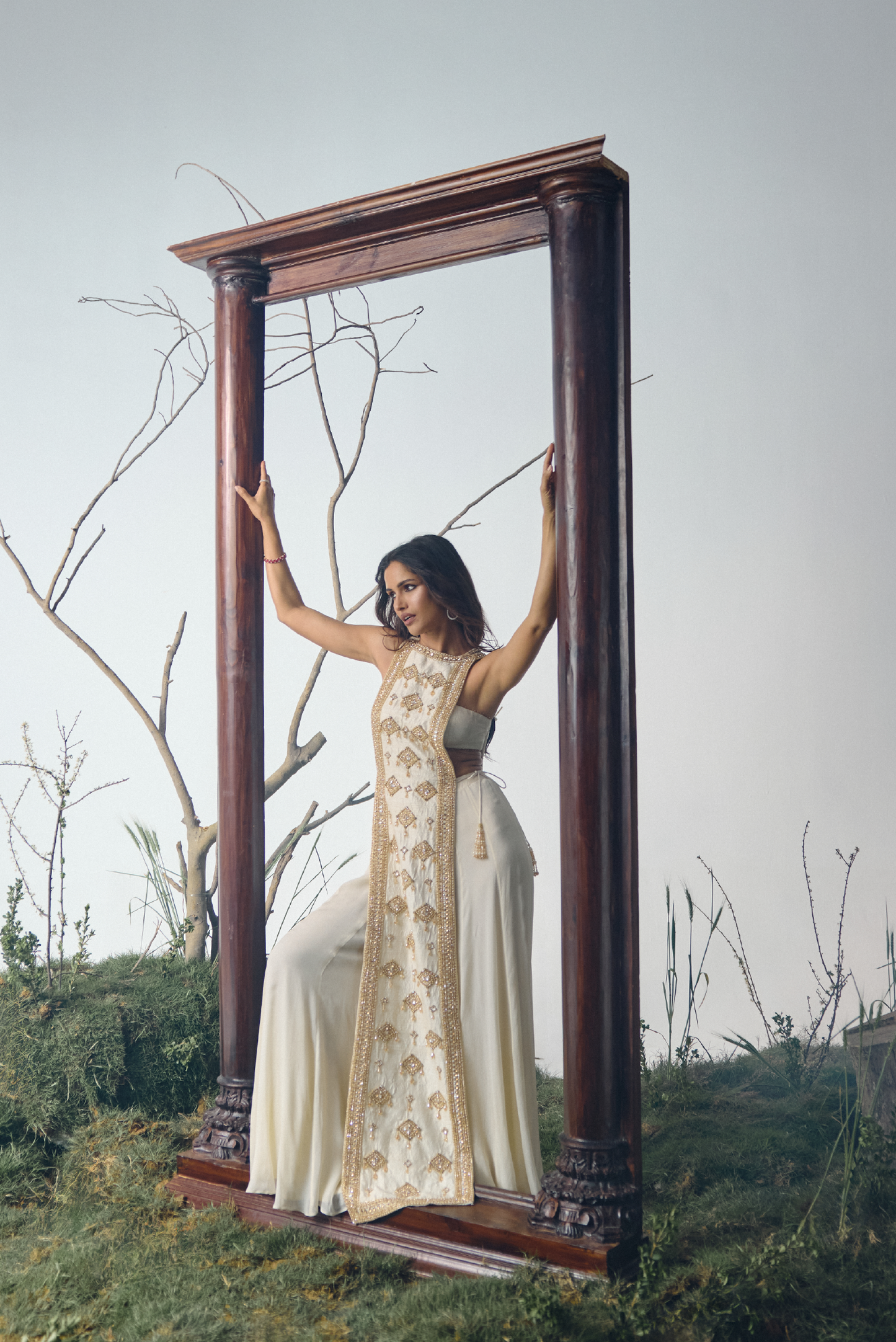 Ivory Embellished Chiffon Sharara Set