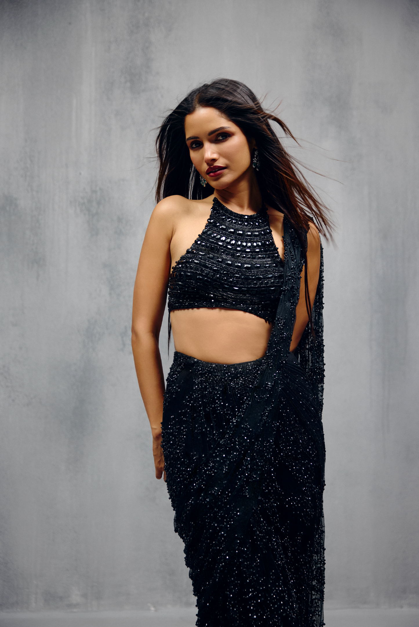 Black Stone Embellished Lace Sari Set
