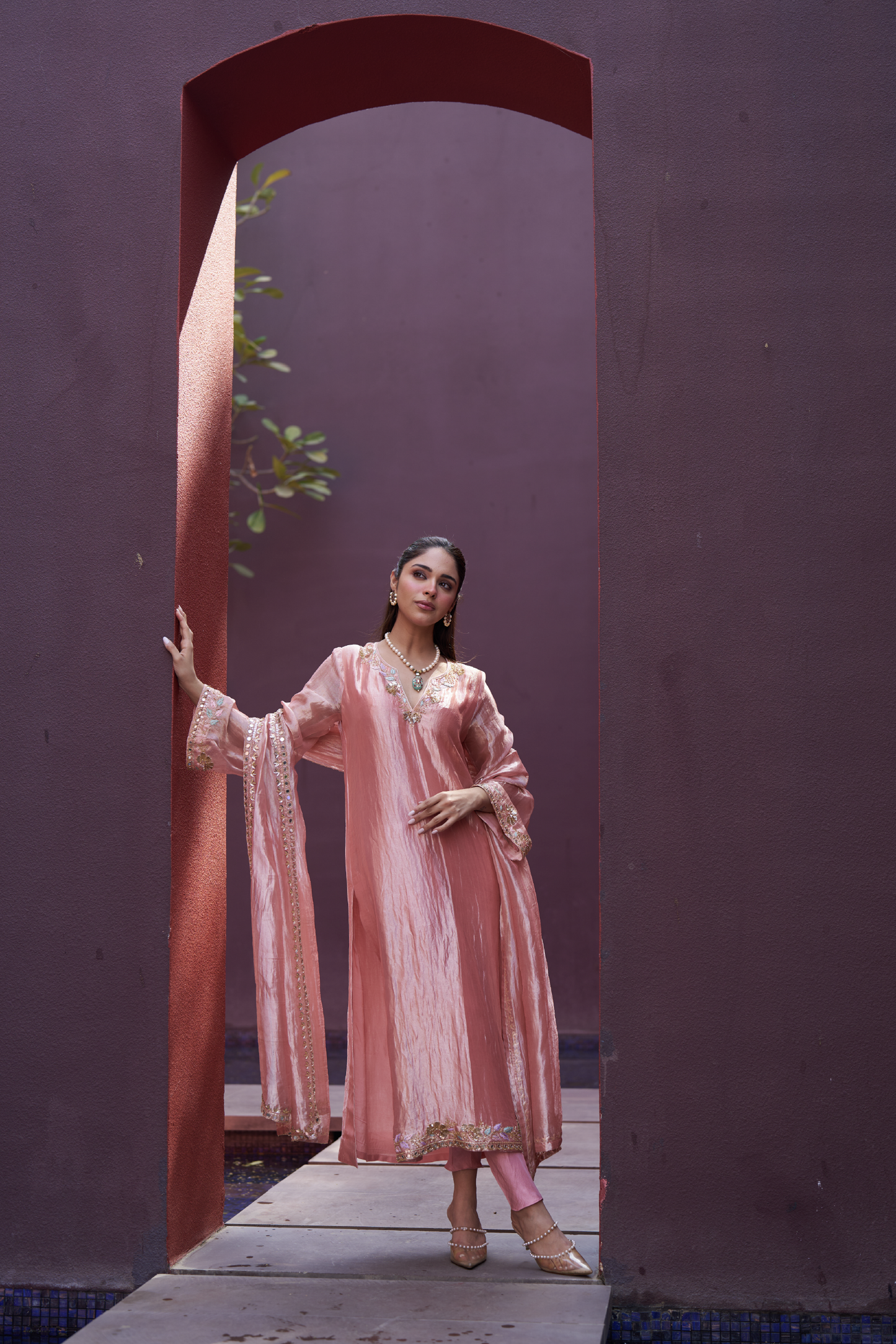 Rose Gold Hand Embroidered Long Kurta Set