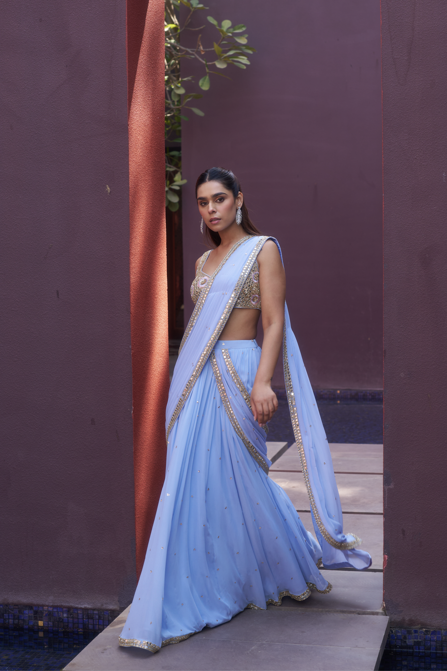 Pastel Blue Mirror Embroidered Drape Sari Set