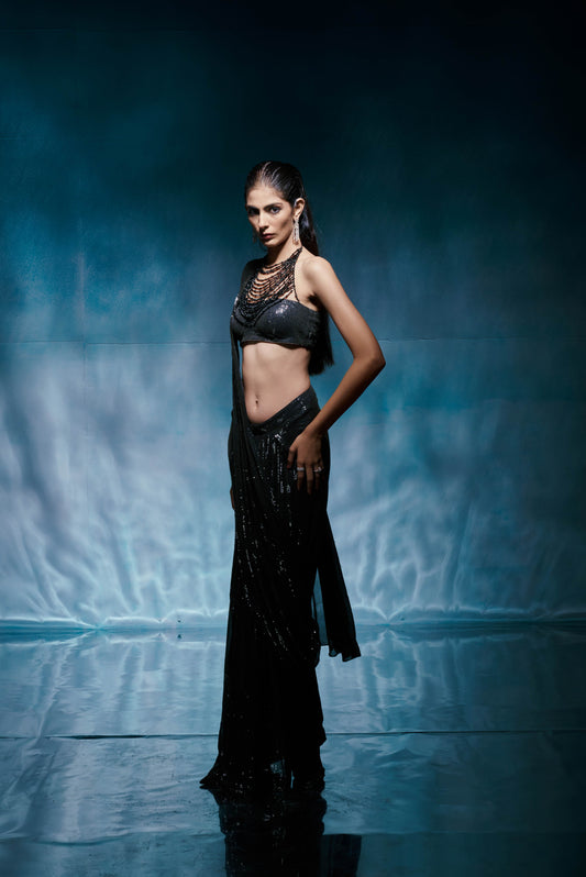 Black Pre-Stitched Sequin Saree