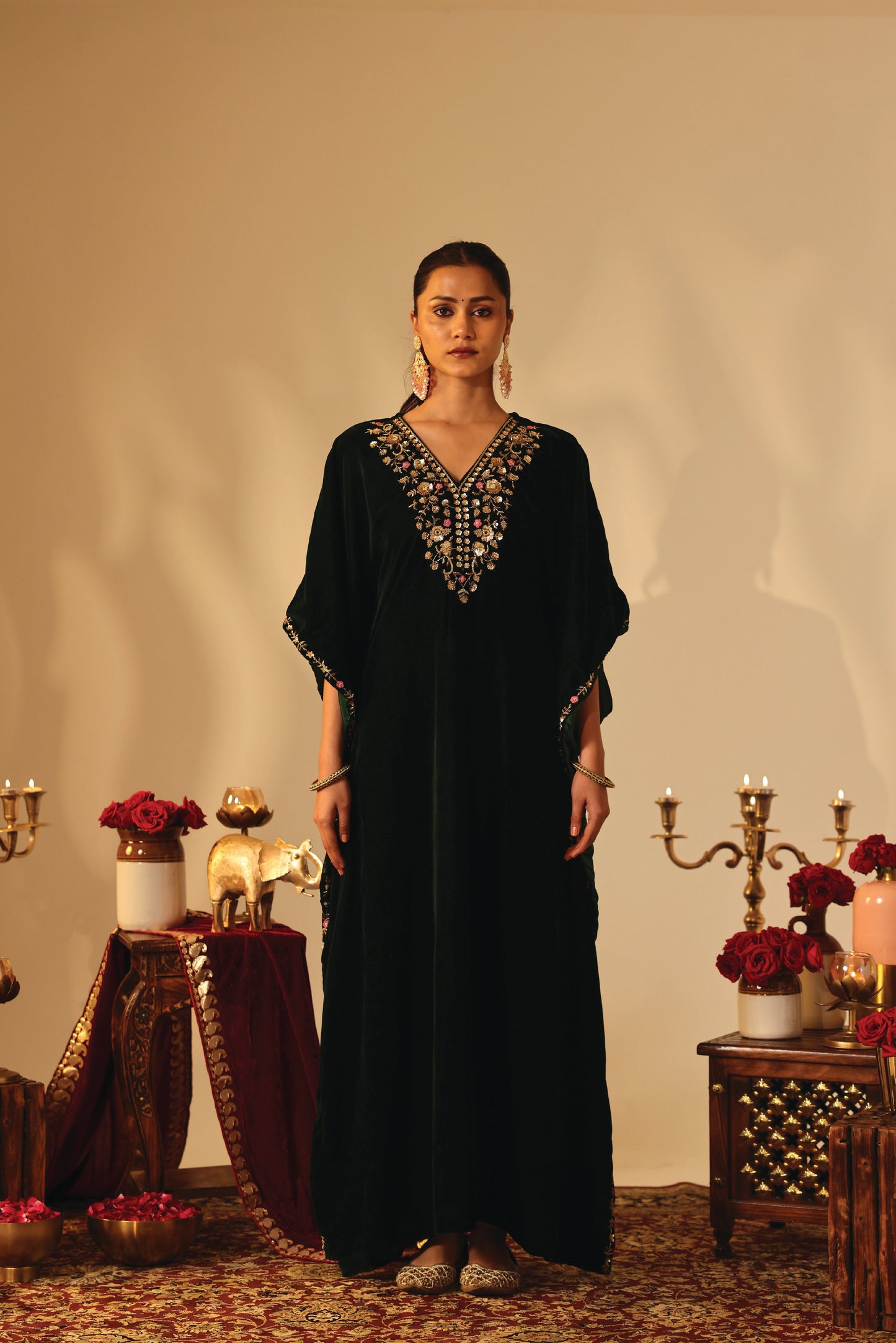 Bottle Green Velvet Embroidered Kaftan