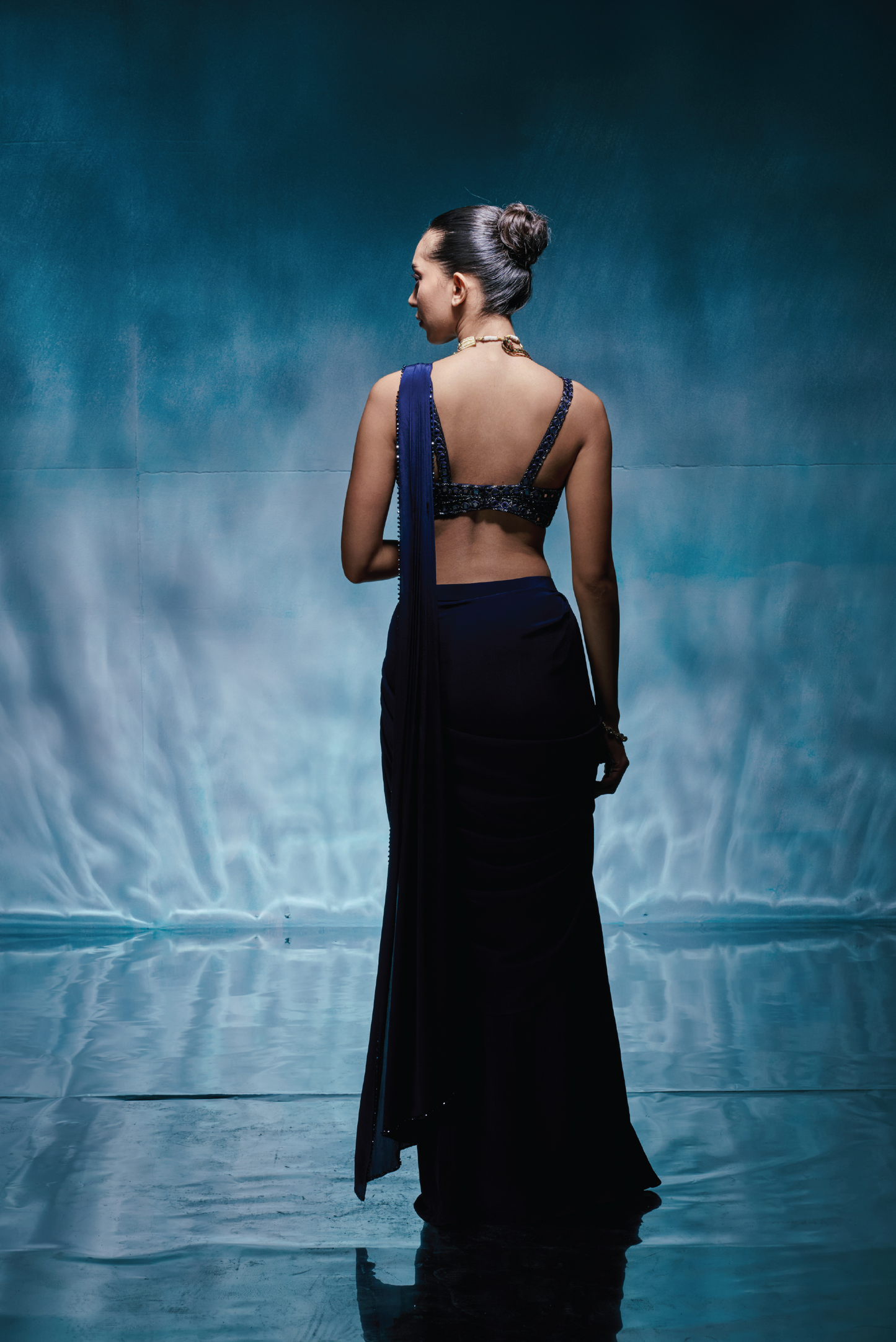 Pre Draped Royal Blue Sari Set