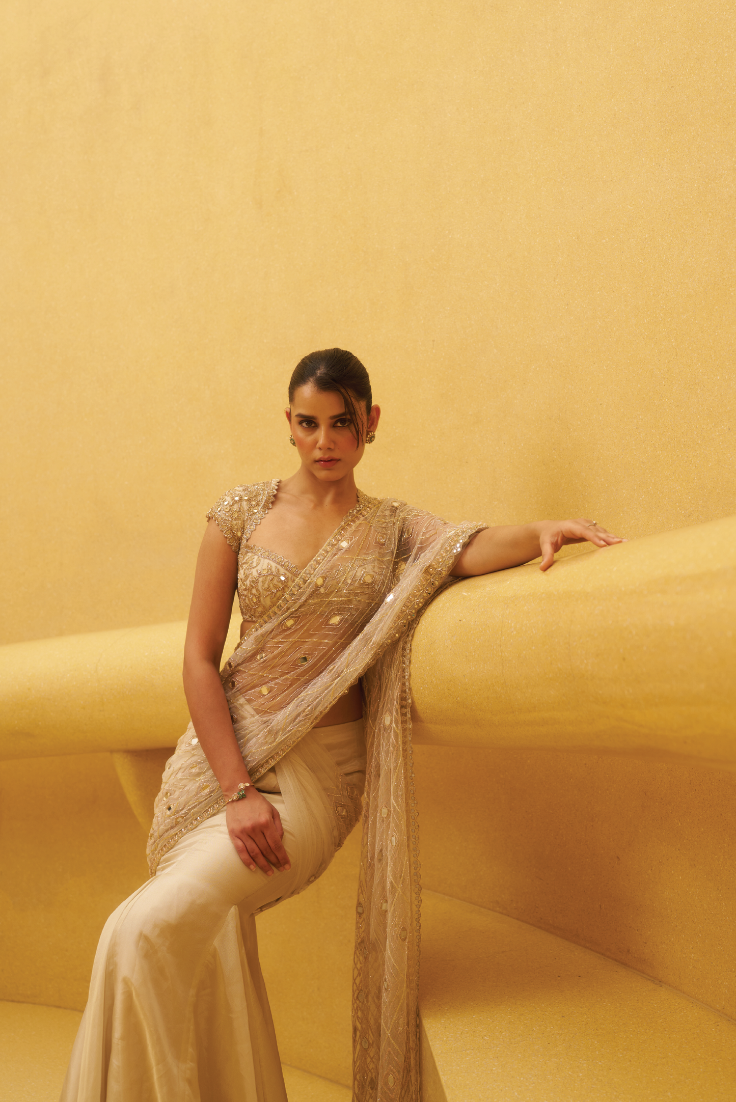 Gold Tissue Hand Embroidered Sari Set