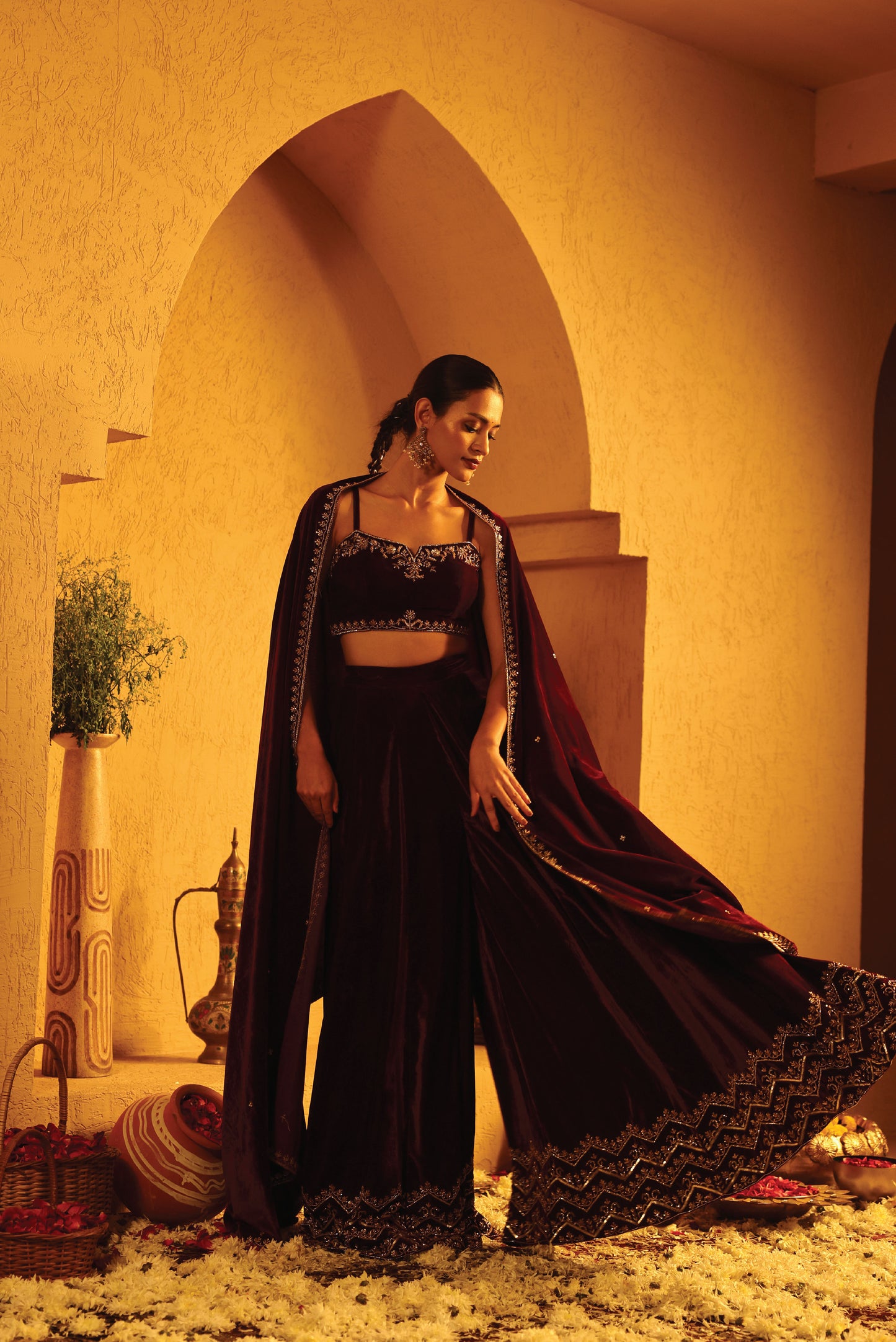 Wine Velvet Embroidered Flared Sharara