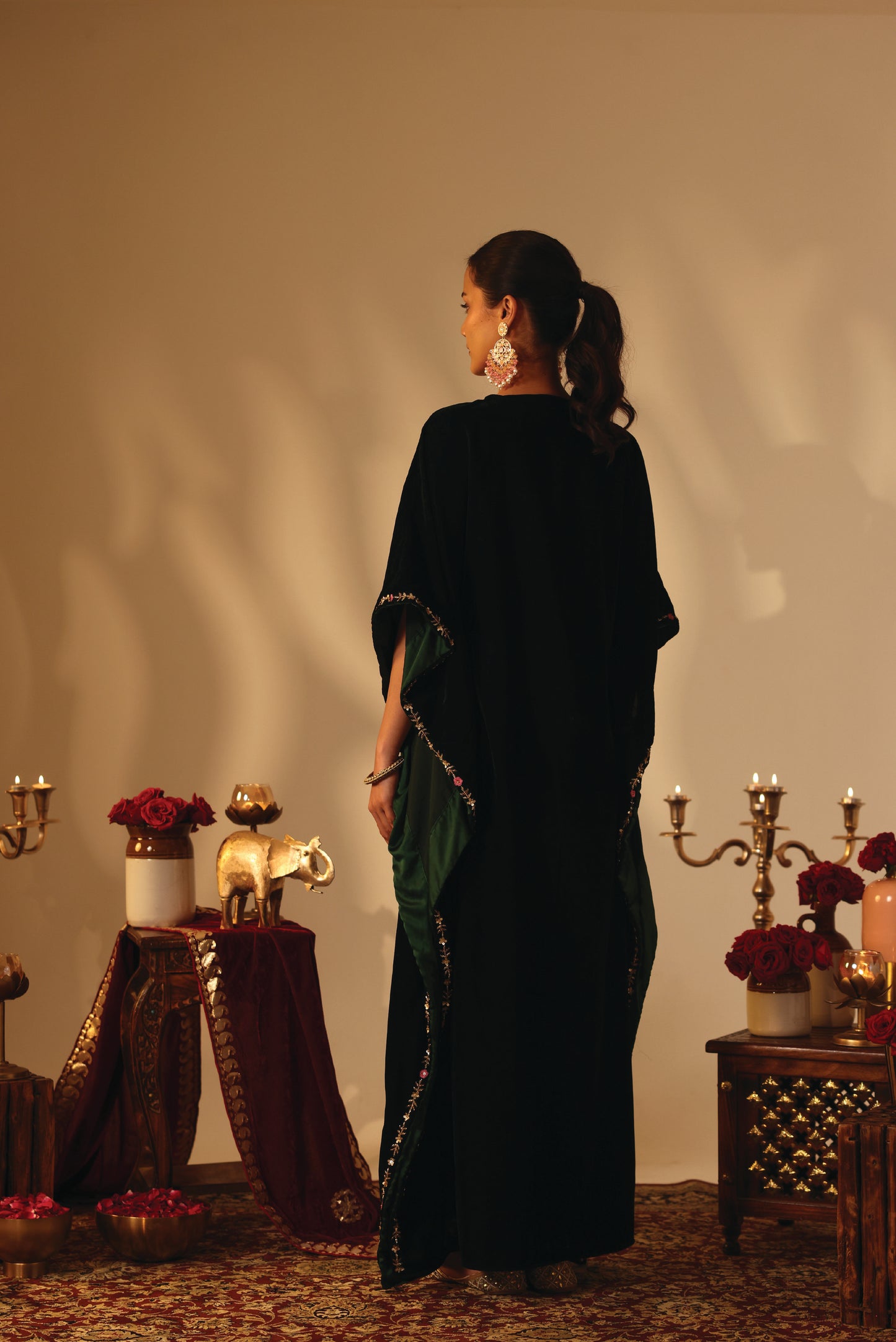 Bottle Green Velvet Embroidered Kaftan