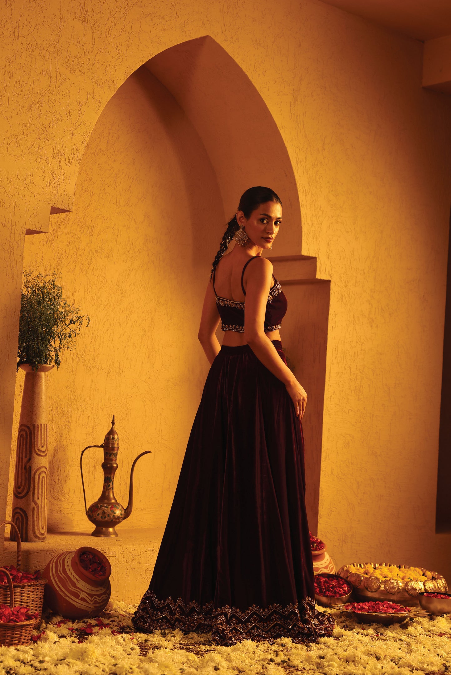 Wine Velvet Embroidered Flared Sharara