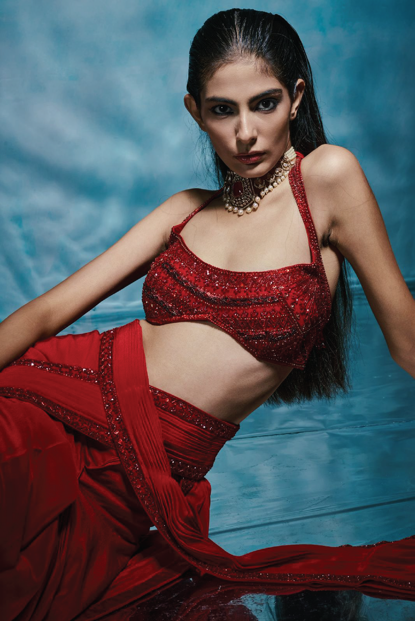 Red Pre-Draped Crepe Sari Set