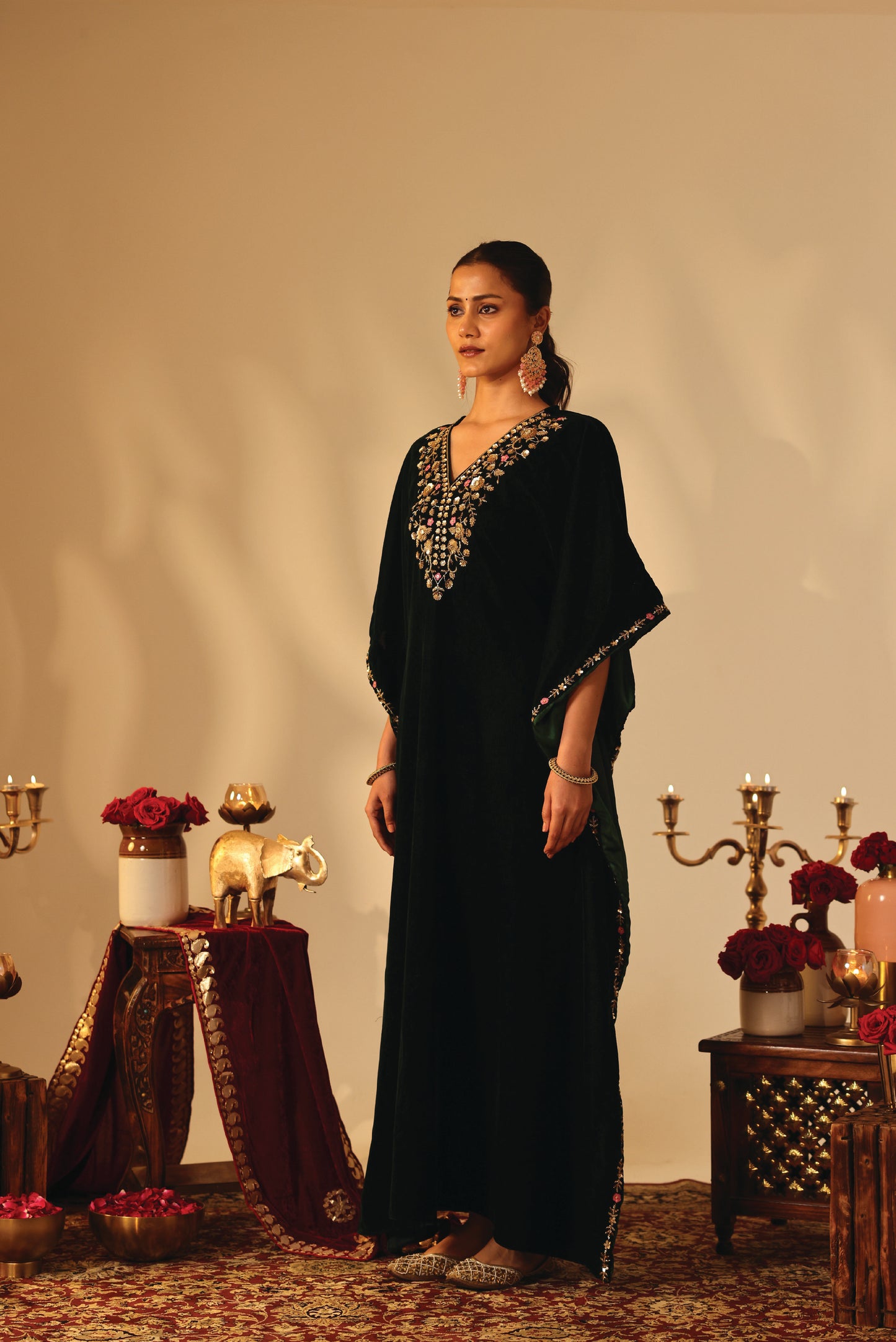 Bottle Green Velvet Embroidered Kaftan