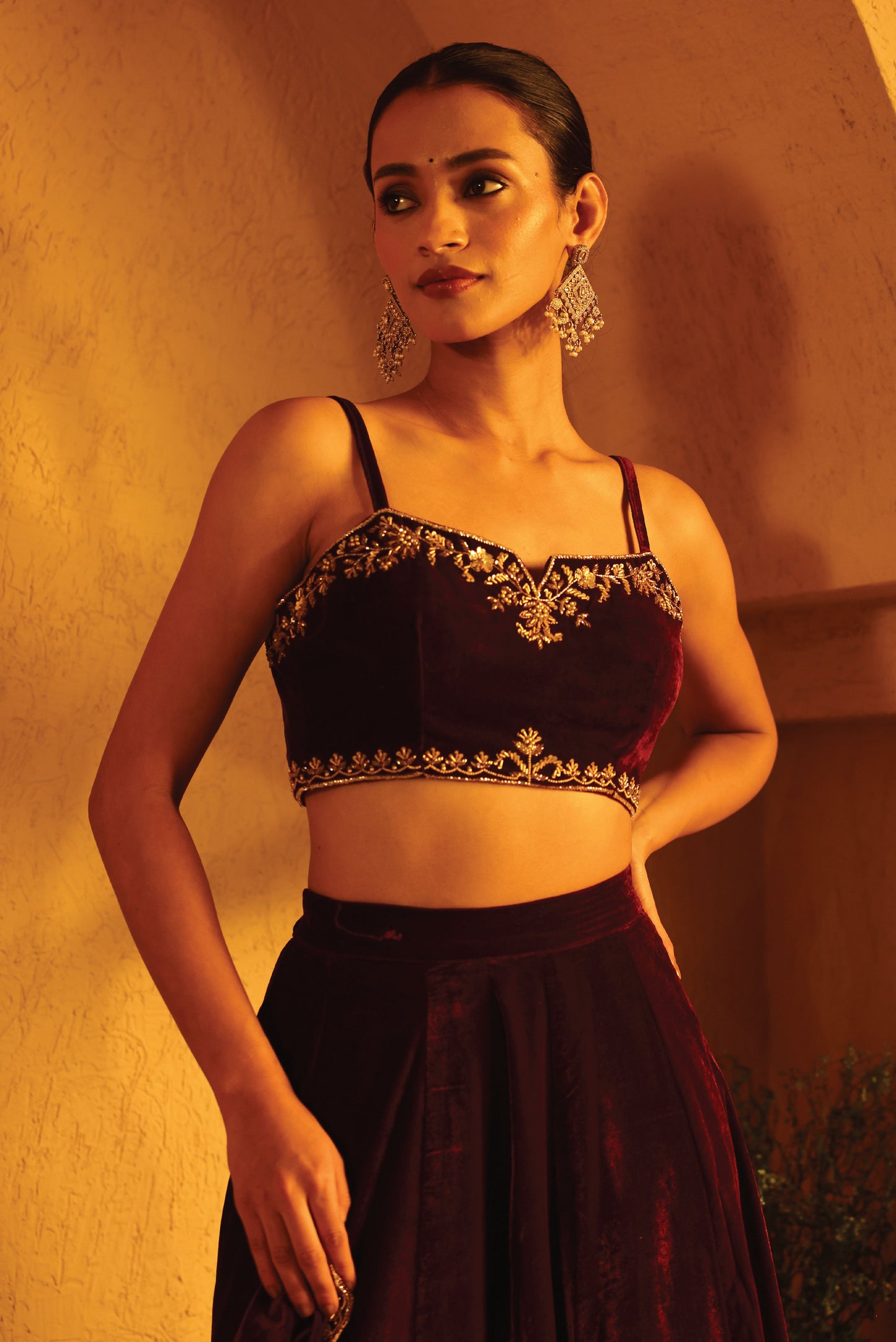 Wine Velvet Embroidered Flared Sharara