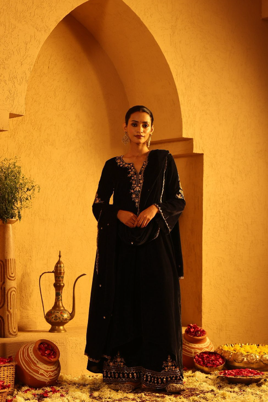 Navy Blue Velvet Embroidered Kurta Set