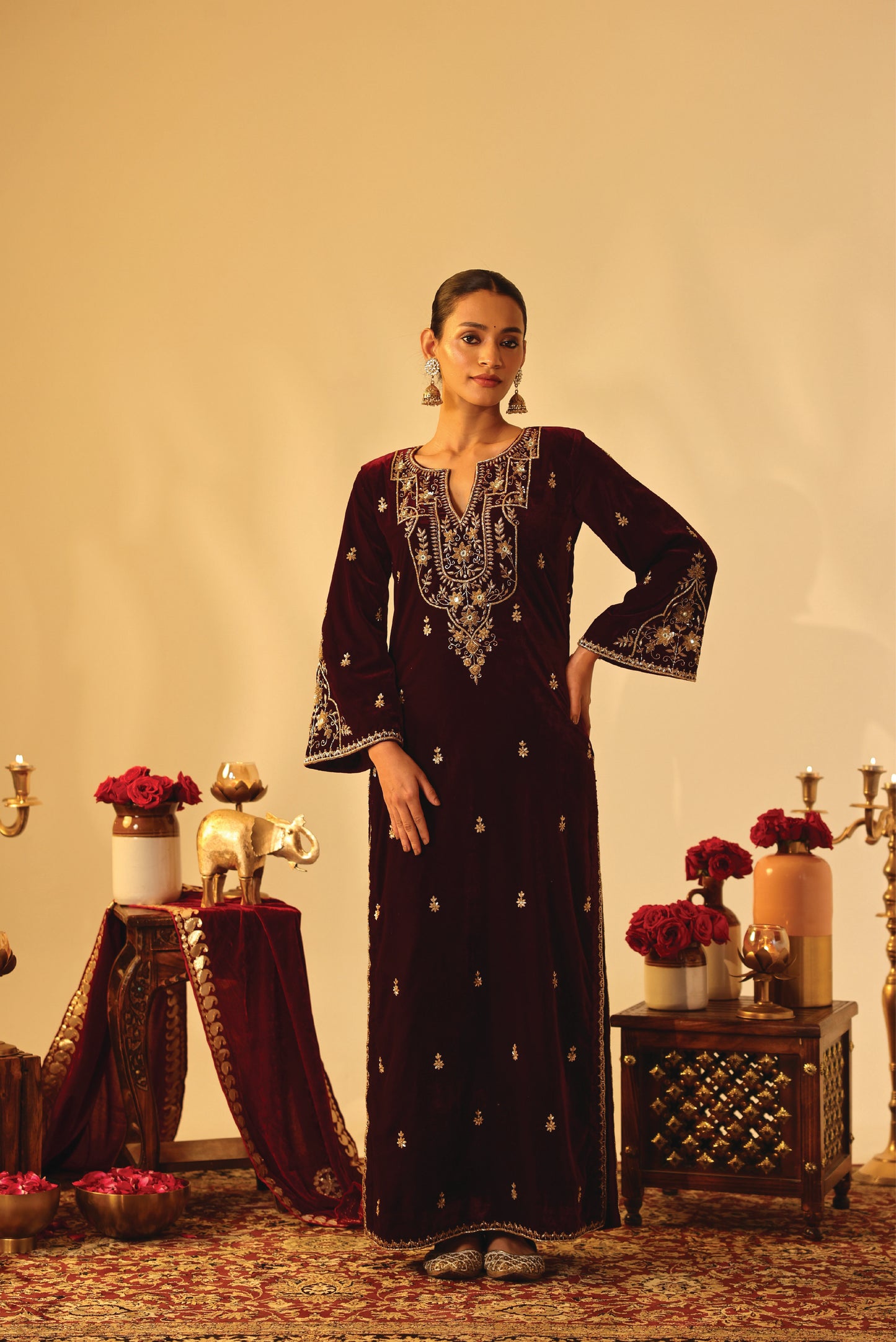 Wine Velvet Embroidered Kaftan