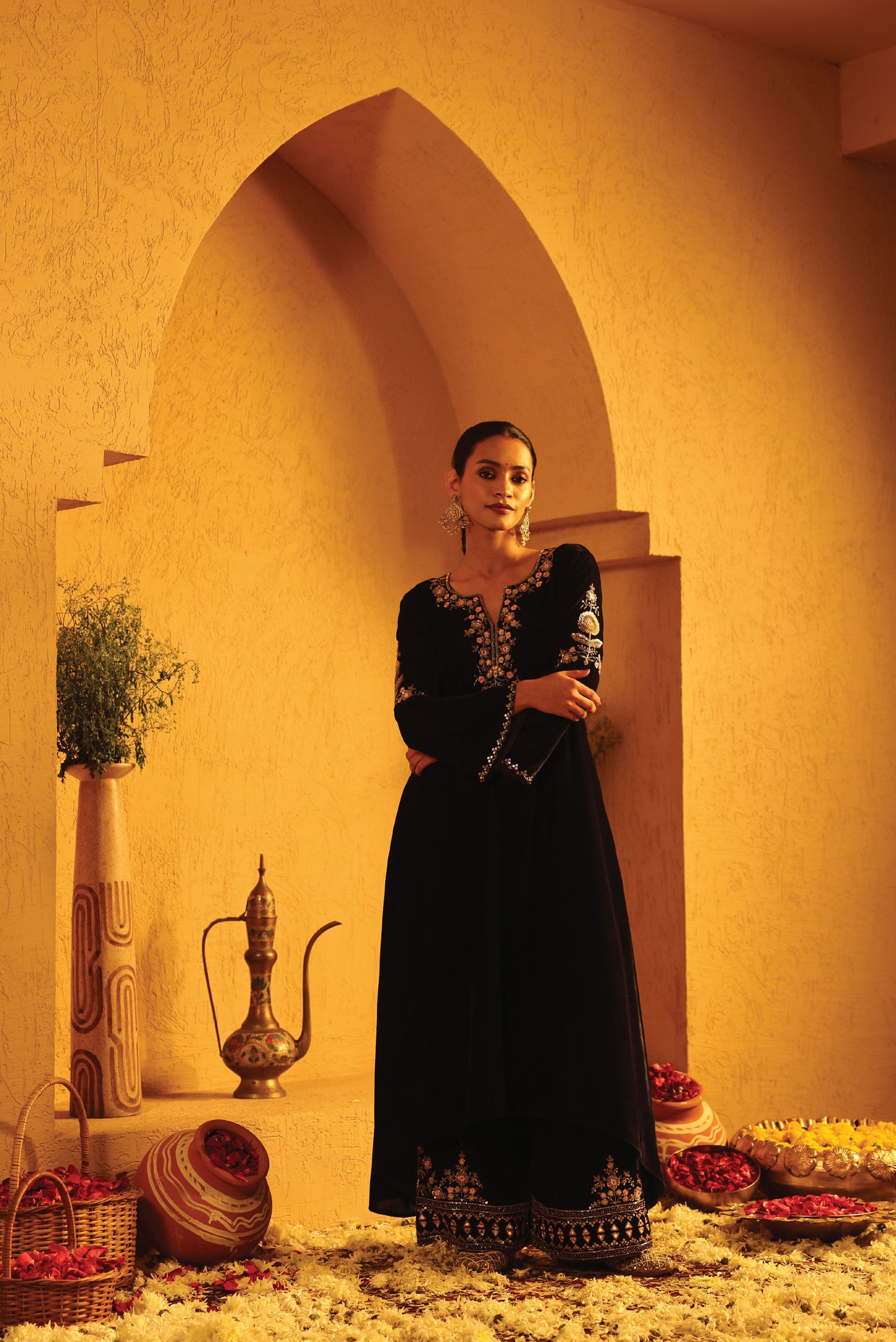Navy Blue Velvet Embroidered Kurta Set