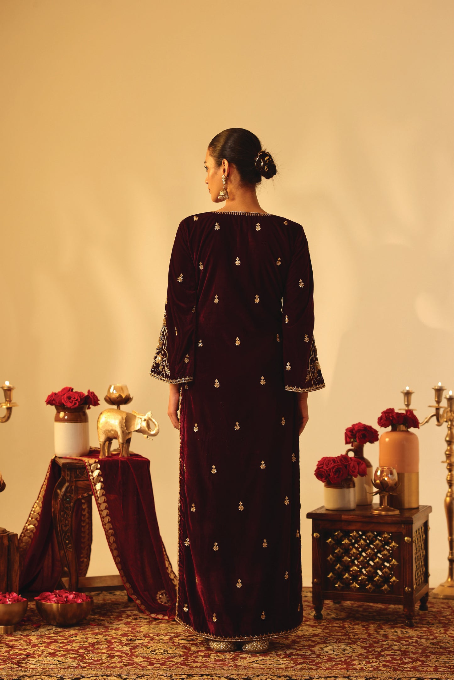 Wine Velvet Embroidered Kaftan