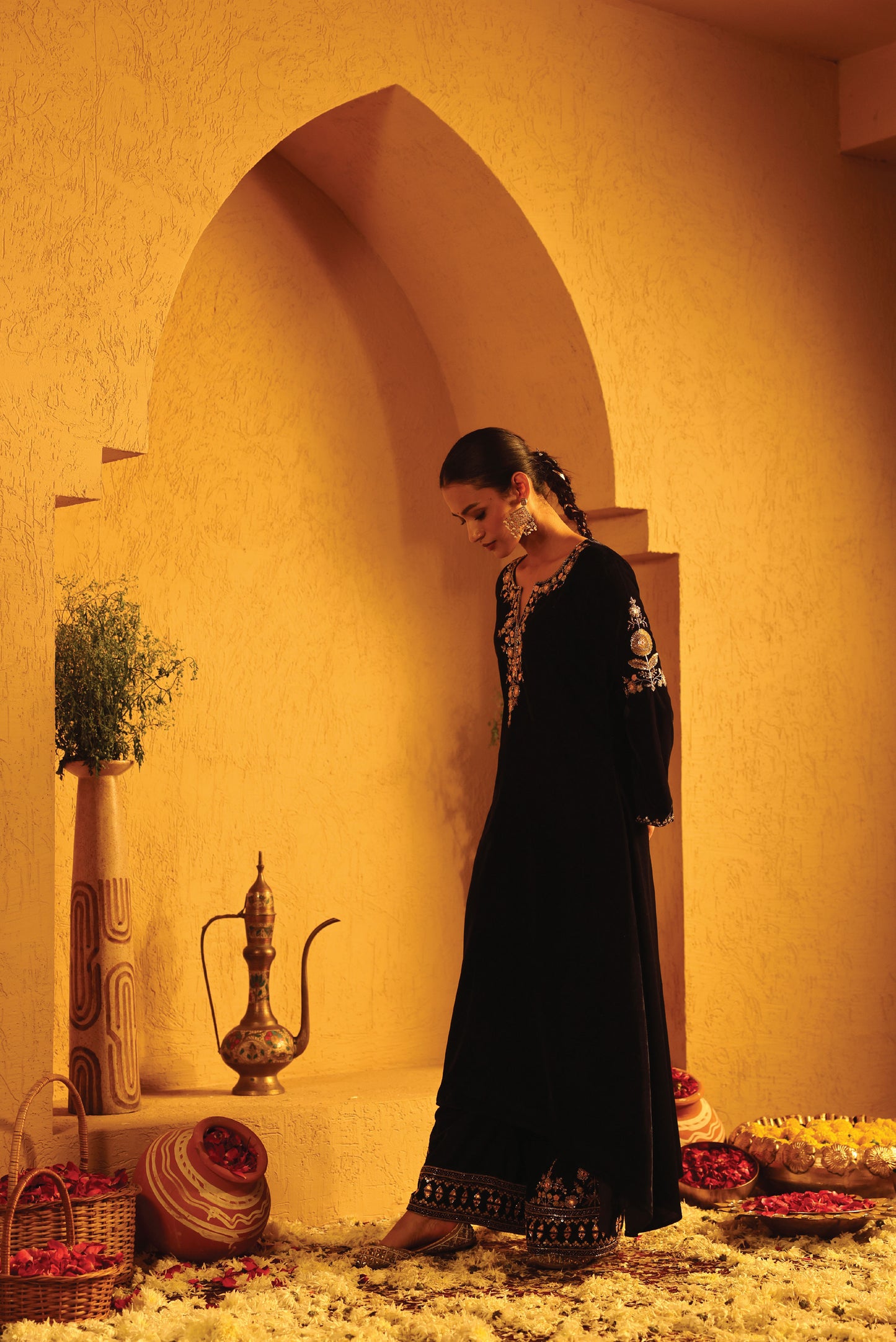 Navy Blue Velvet Embroidered Kurta Set