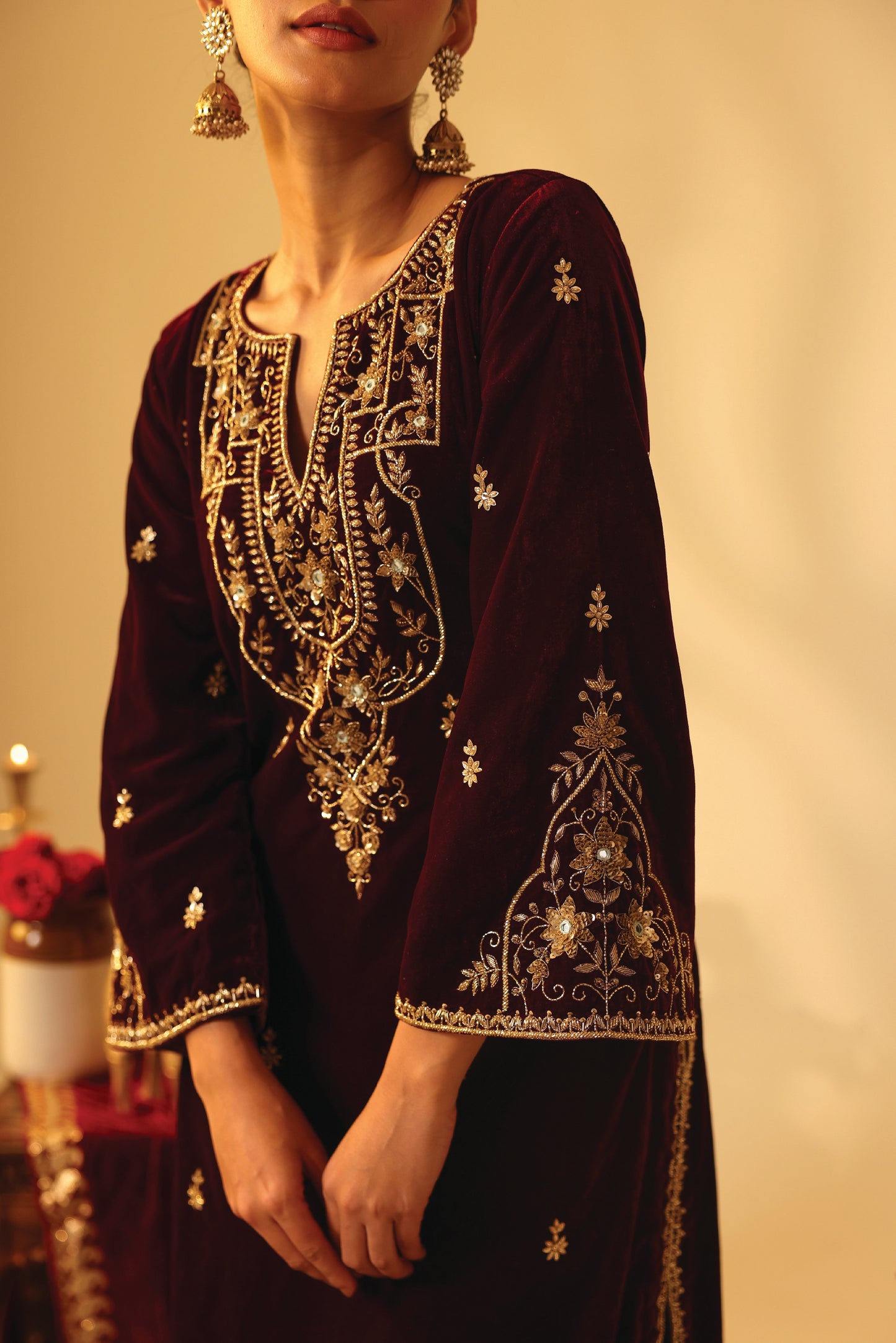 Wine Velvet Embroidered Kaftan