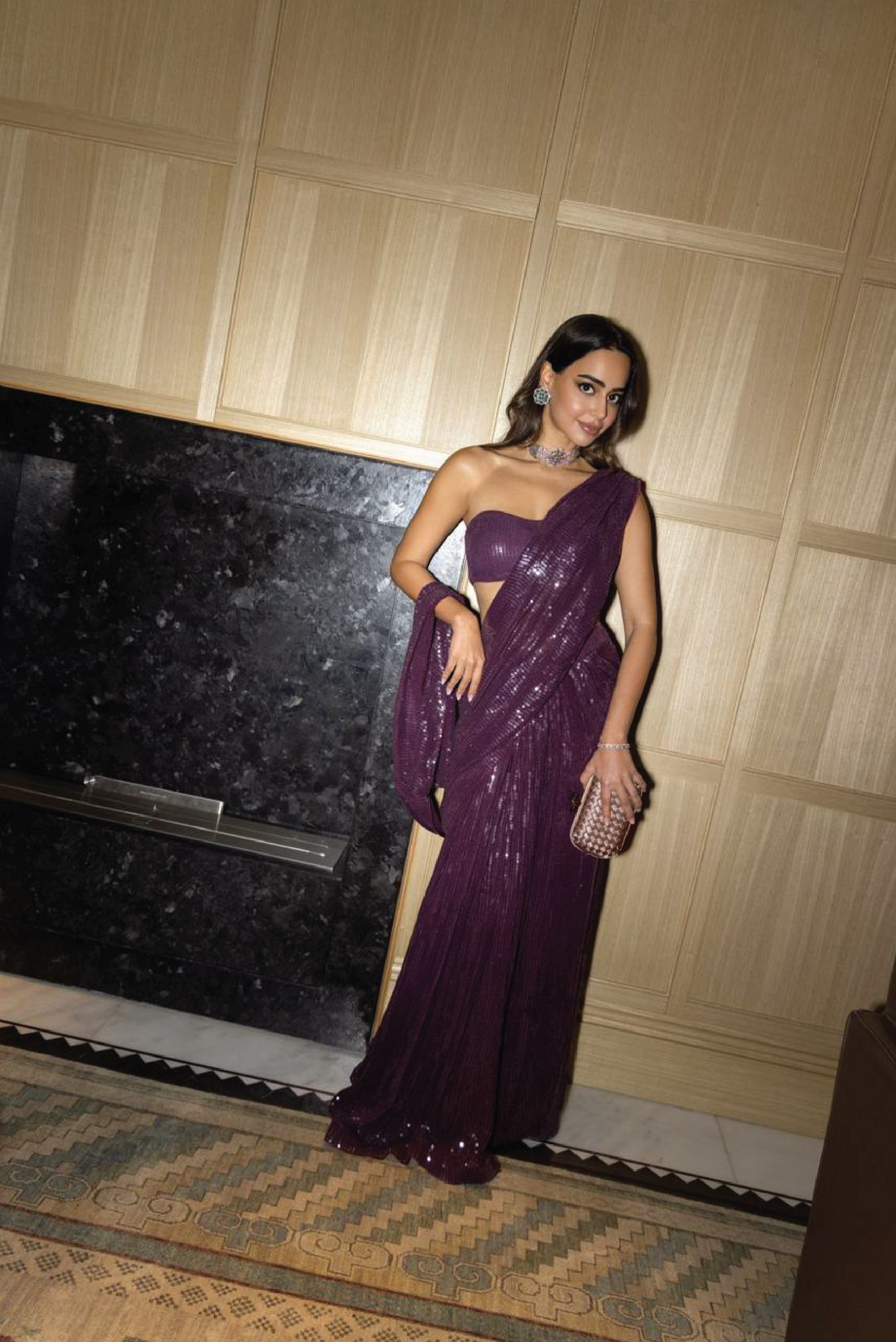 Wine Pre-Draped Sequin Sari Set