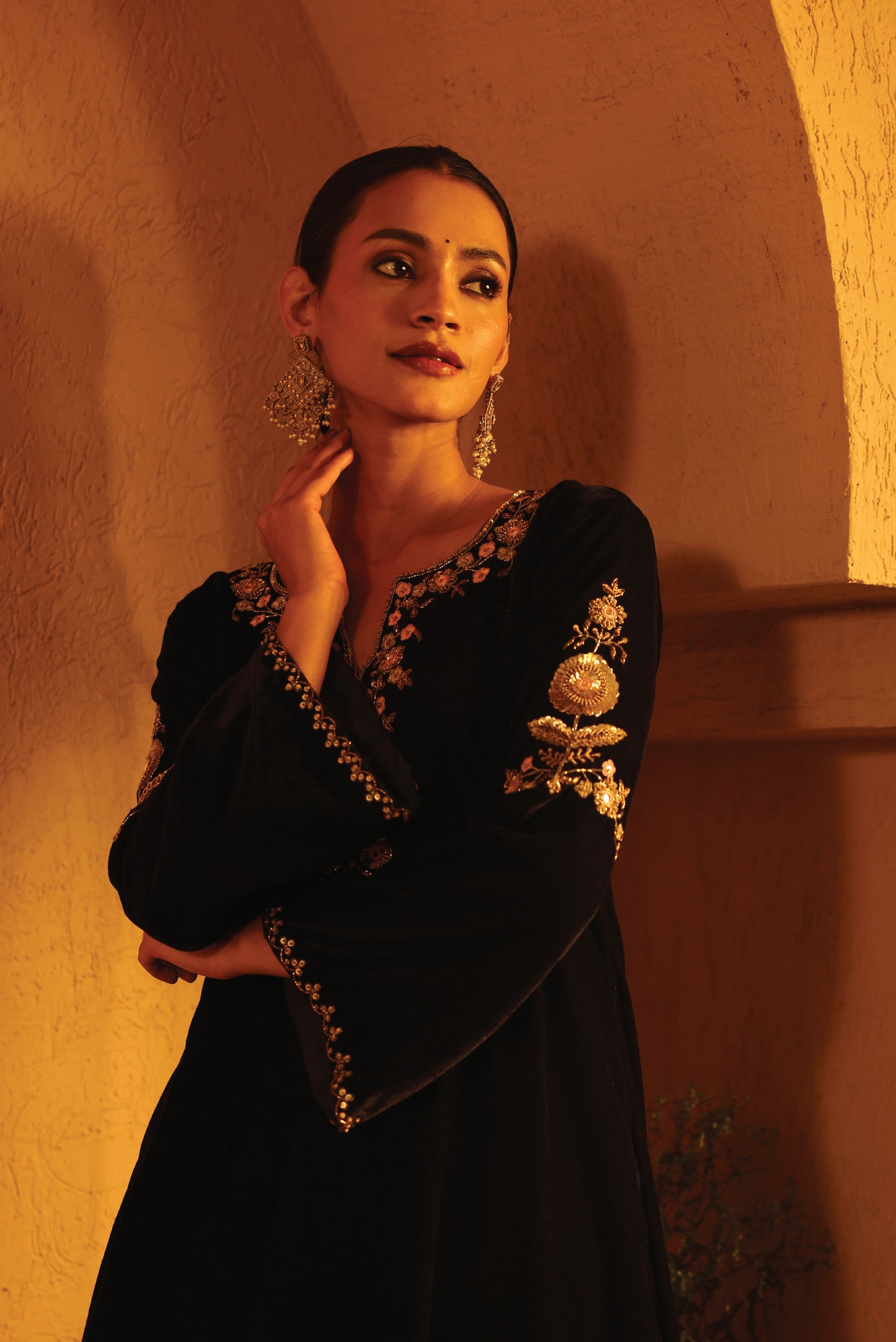 Navy Blue Velvet Embroidered Kurta Set