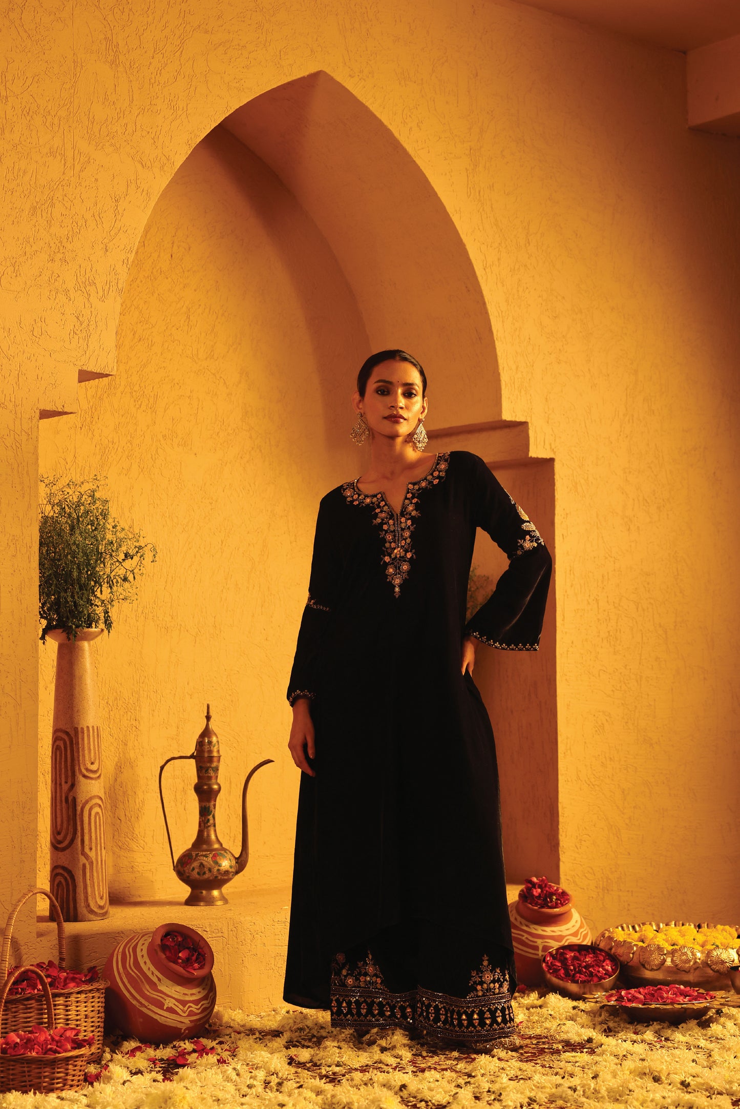 Navy Blue Velvet Embroidered Kurta Set