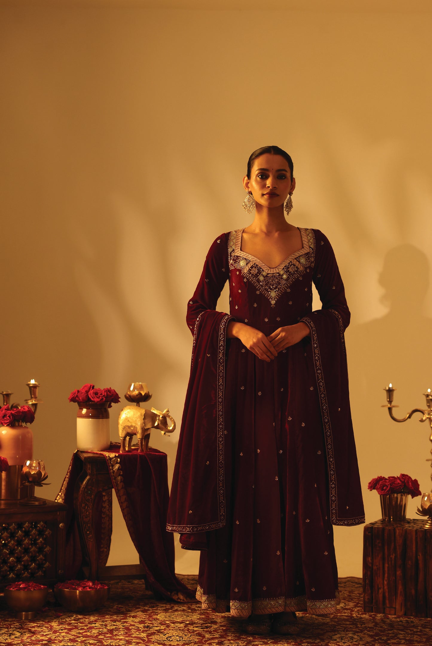 Maroon Velvet Embroidered Anarkali