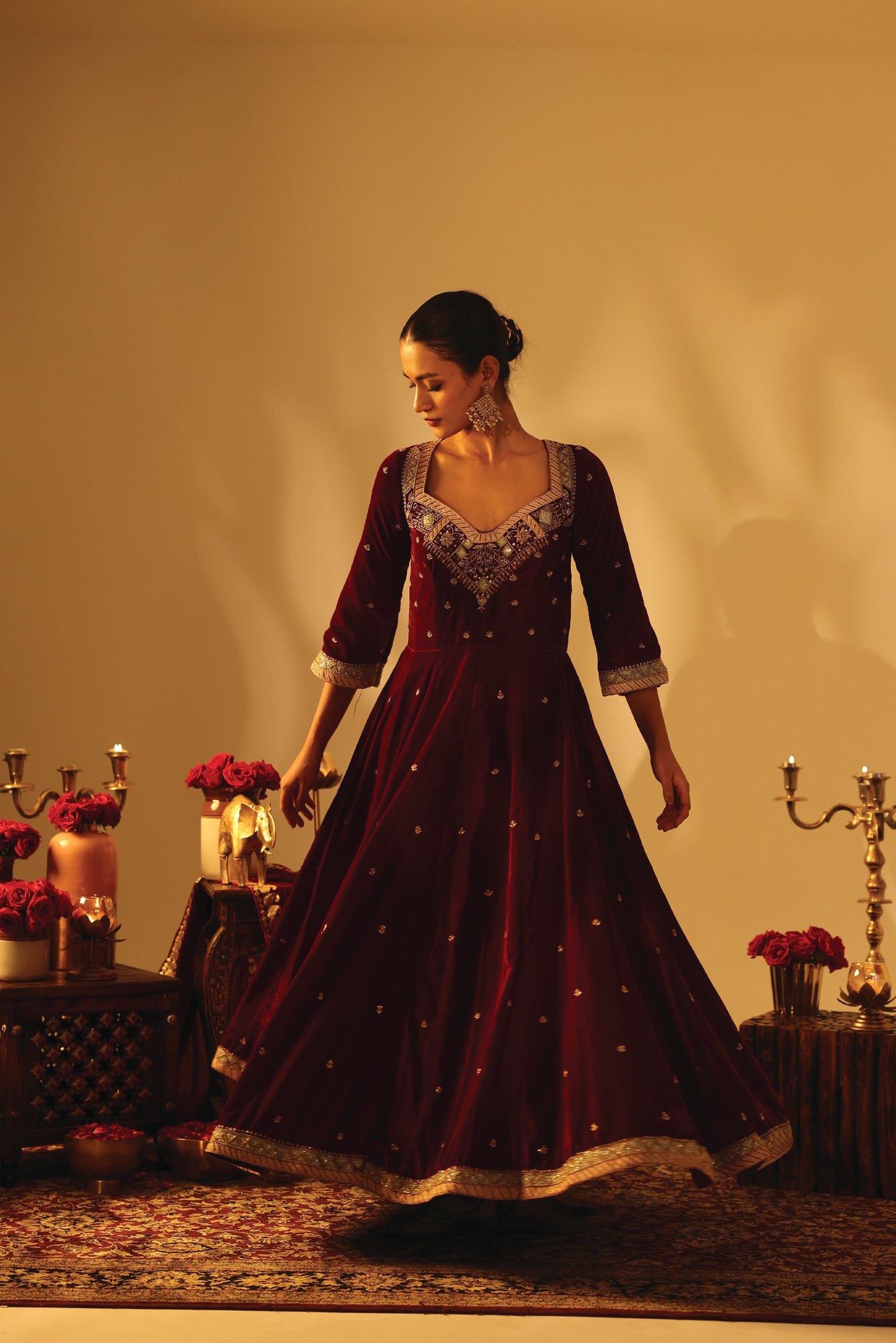 Maroon Velvet Embroidered Anarkali