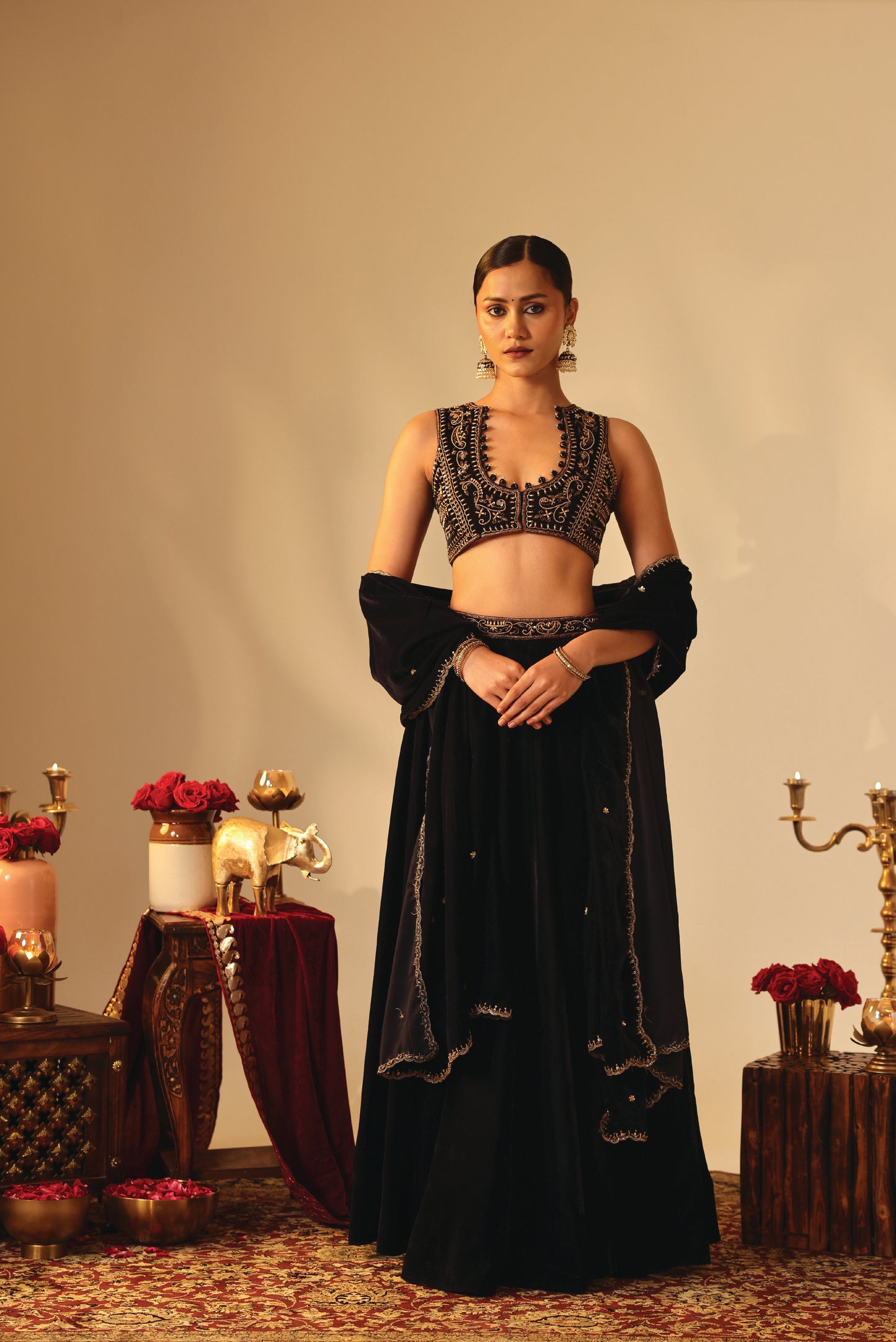 Navy Blue Jacket Style Velvet Lehenga Set