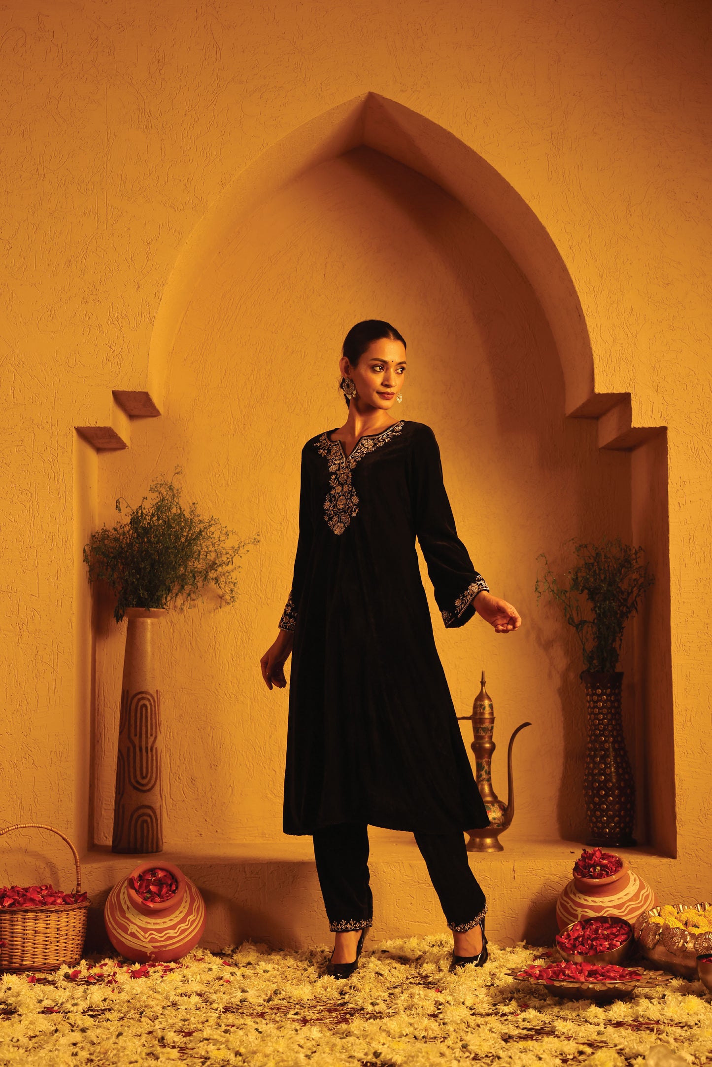 Black Velvet Embroidered Floral  Kurta Set