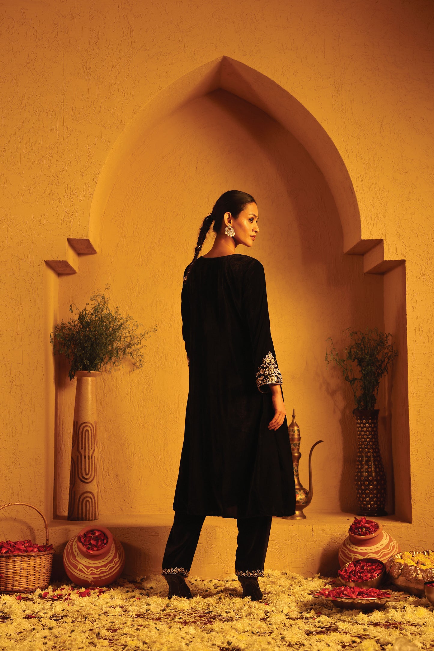 Black Velvet Embroidered Floral  Kurta Set