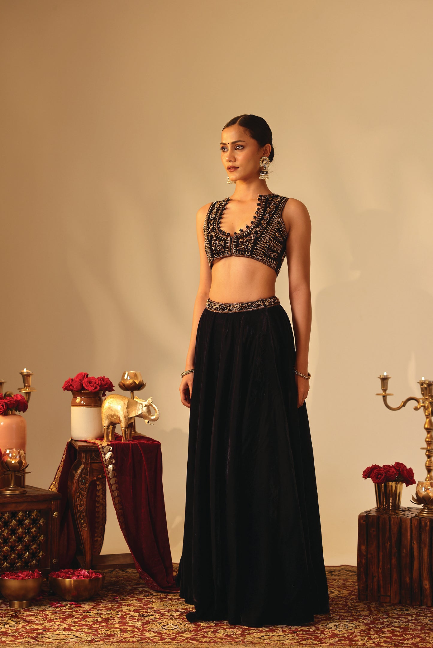 Navy Blue Jacket Style Velvet Lehenga Set