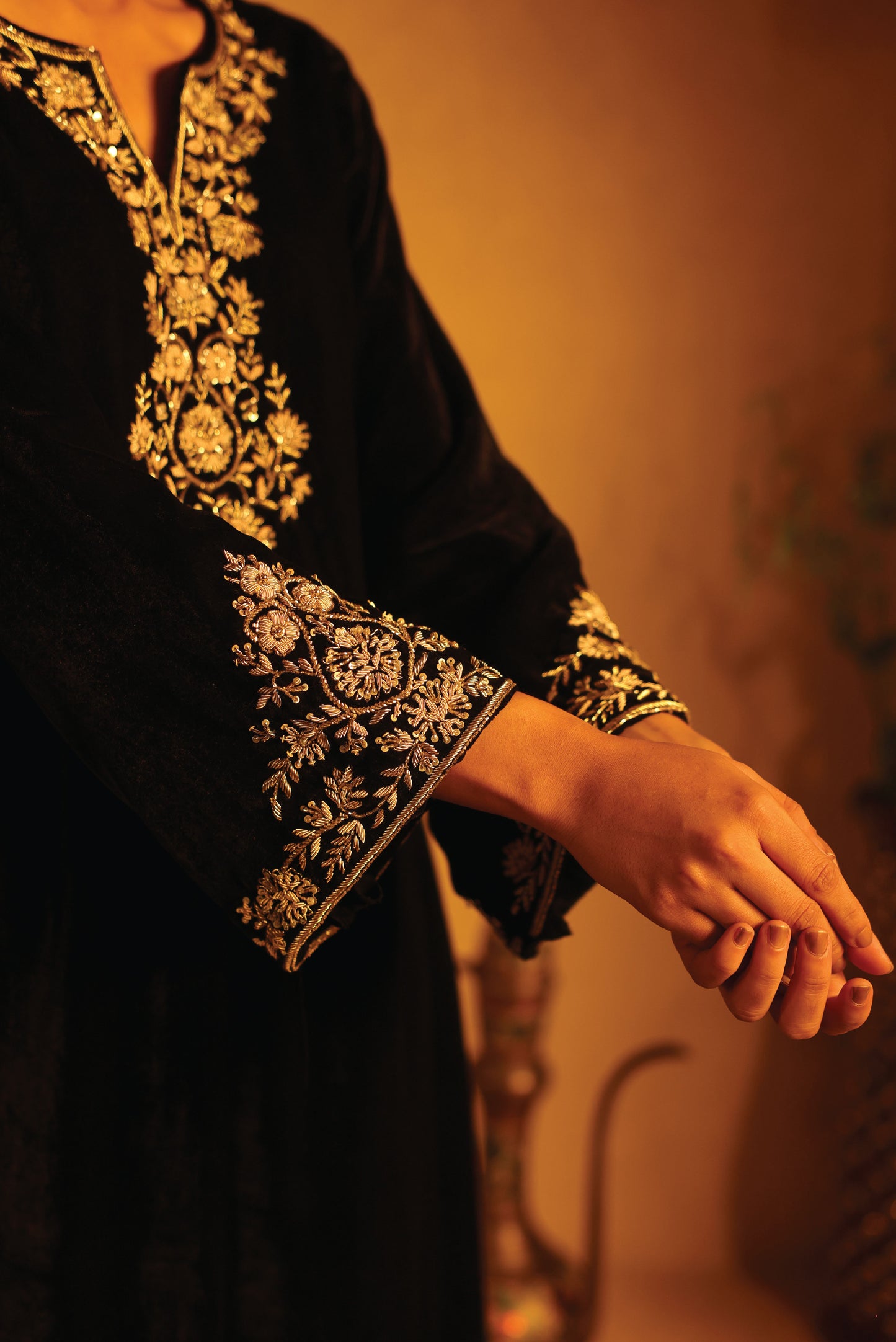 Black Velvet Embroidered Floral  Kurta Set