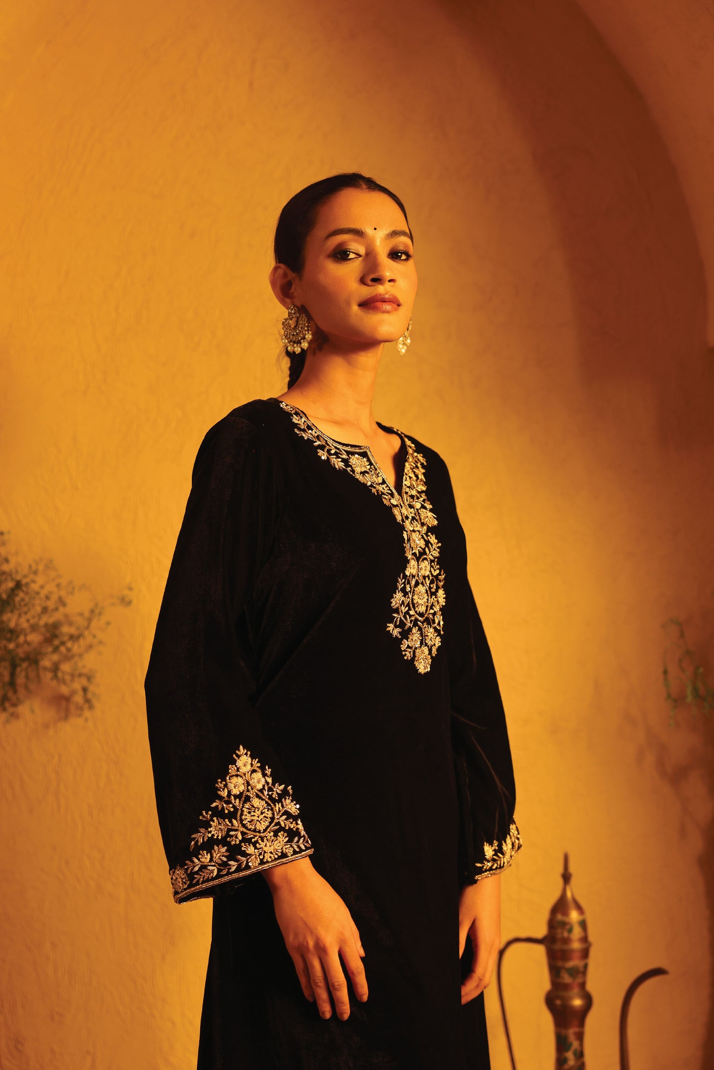 Black Velvet Embroidered Floral  Kurta Set