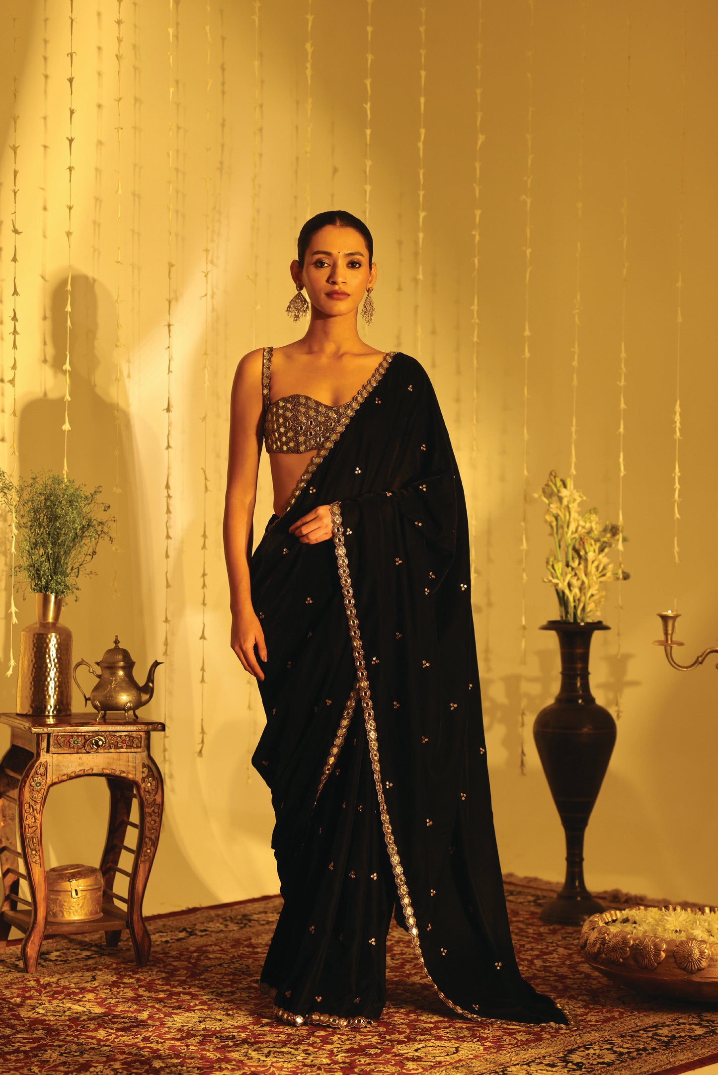 Black Velvet Mirror Work Embroidered Sari Set