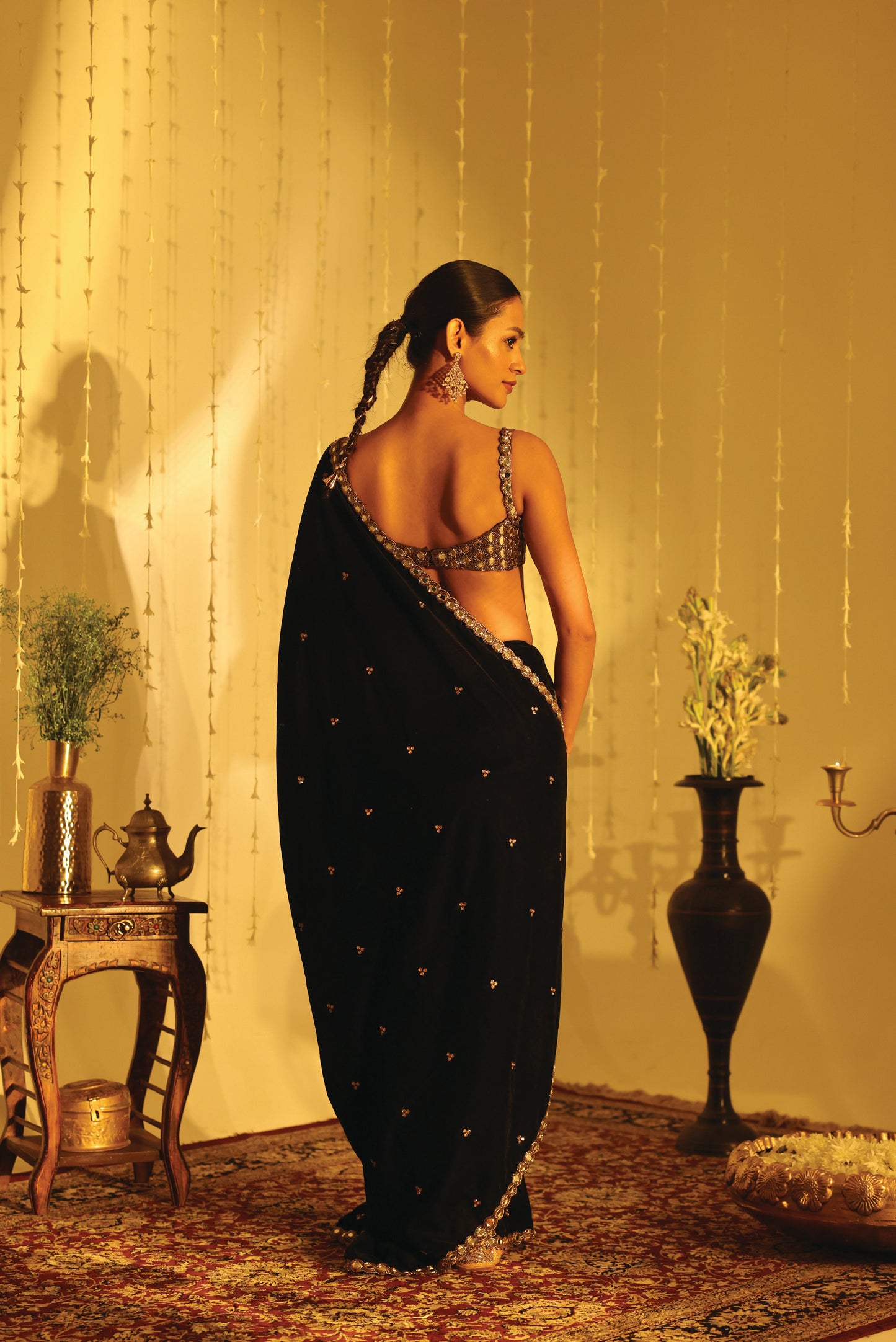 Black Velvet Mirror Work Embroidered Sari Set