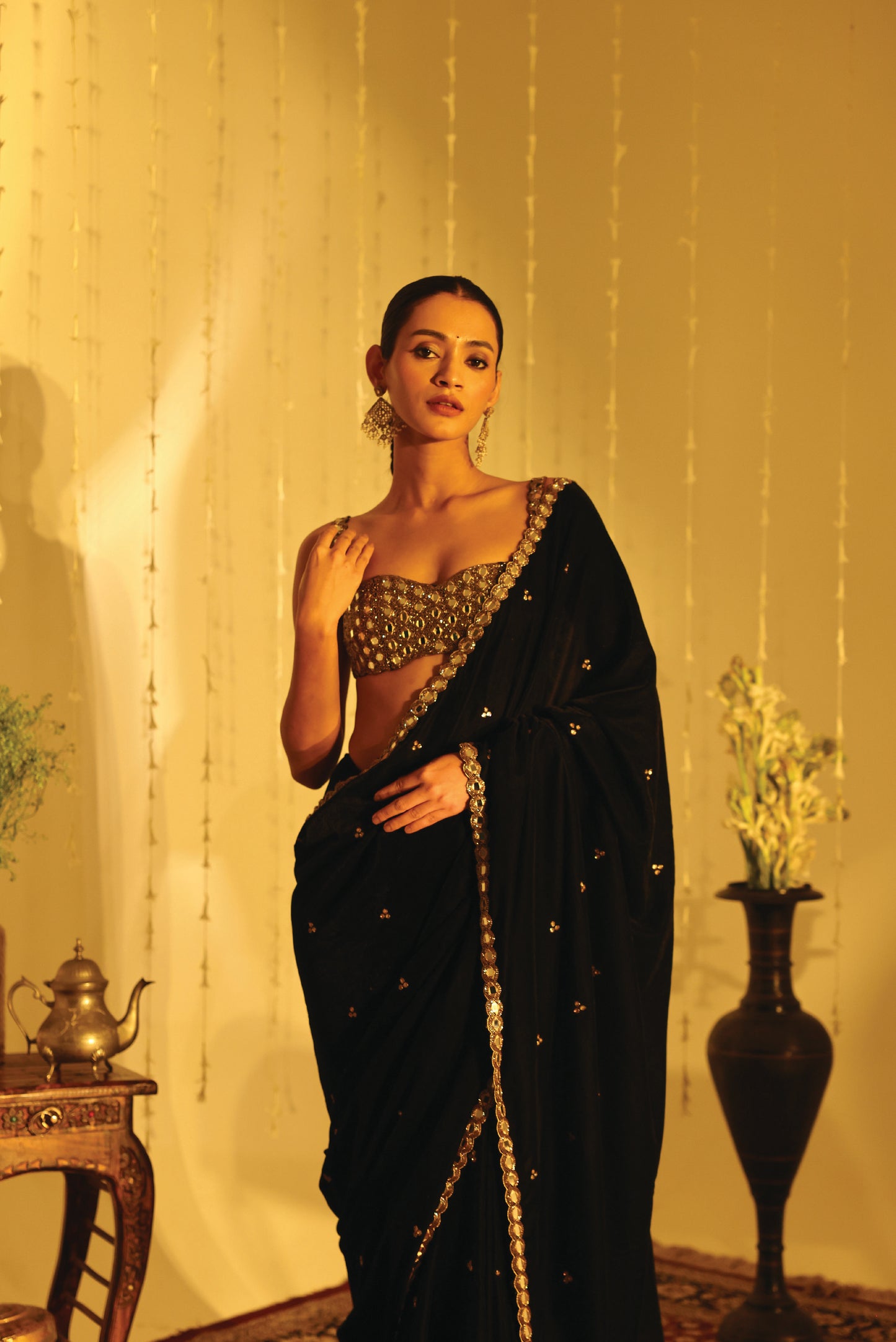 Black Velvet Mirror Work Embroidered Sari Set